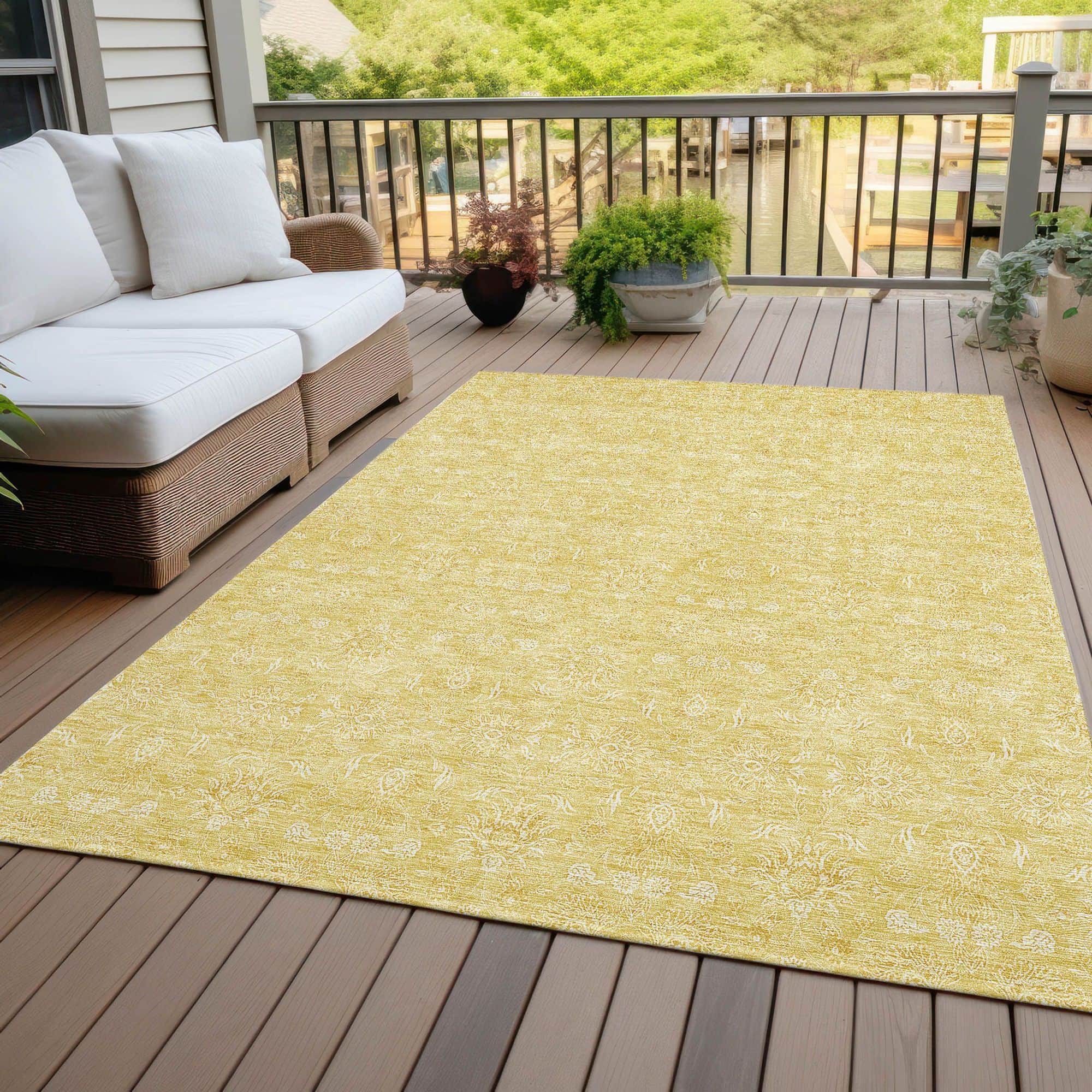 Machine Washable Honey Gold Rug - Indoor / Outdoor - Kids / Pet Friendly Floral Print Rug