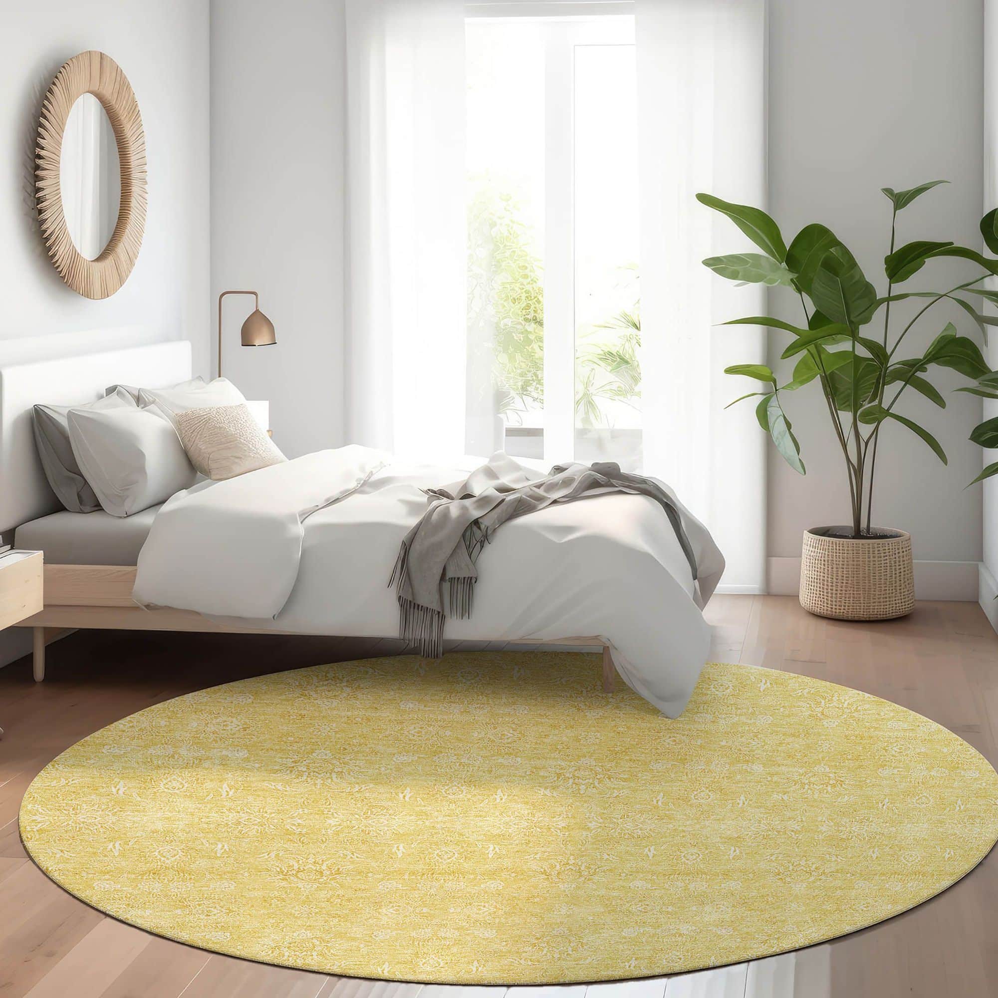 Machine Washable Honey Gold Rug - Indoor / Outdoor - Kids / Pet Friendly Floral Print Rug