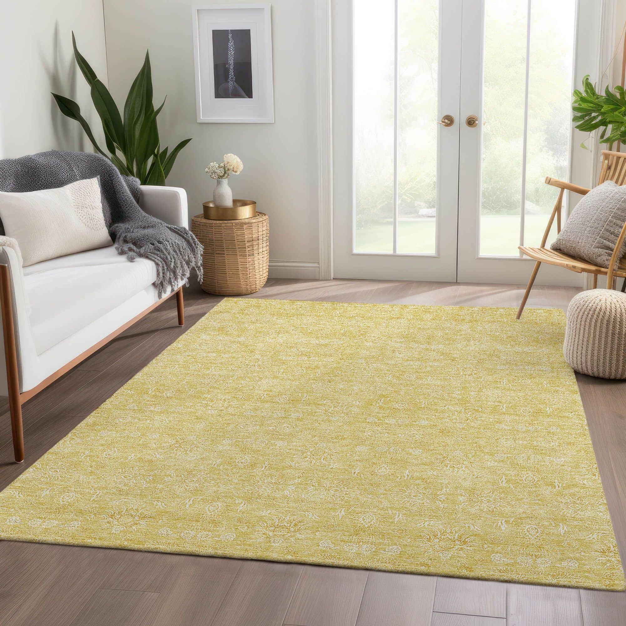 Machine Washable Honey Gold Rug - Indoor / Outdoor - Kids / Pet Friendly Floral Print Rug