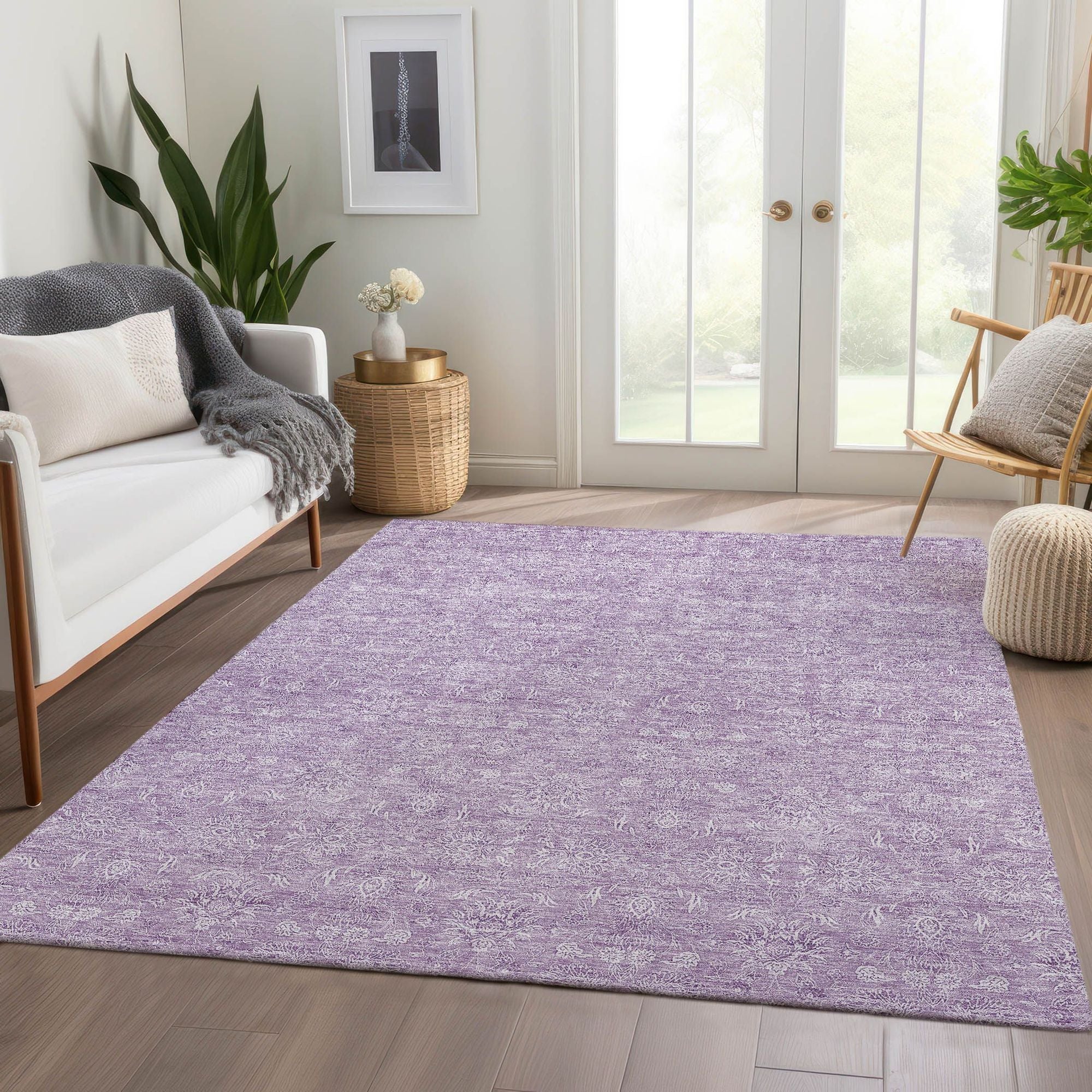 Machine Washable Lavender Purple Rug - Indoor / Outdoor - Kids / Pet Friendly Floral Print Rug