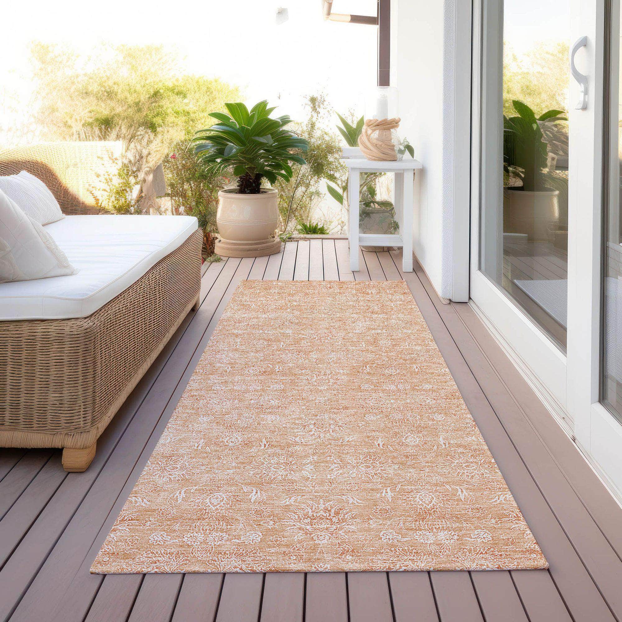 Machine Washable Peach Orange Rug - Indoor / Outdoor - Kids / Pet Friendly Floral Print Rug