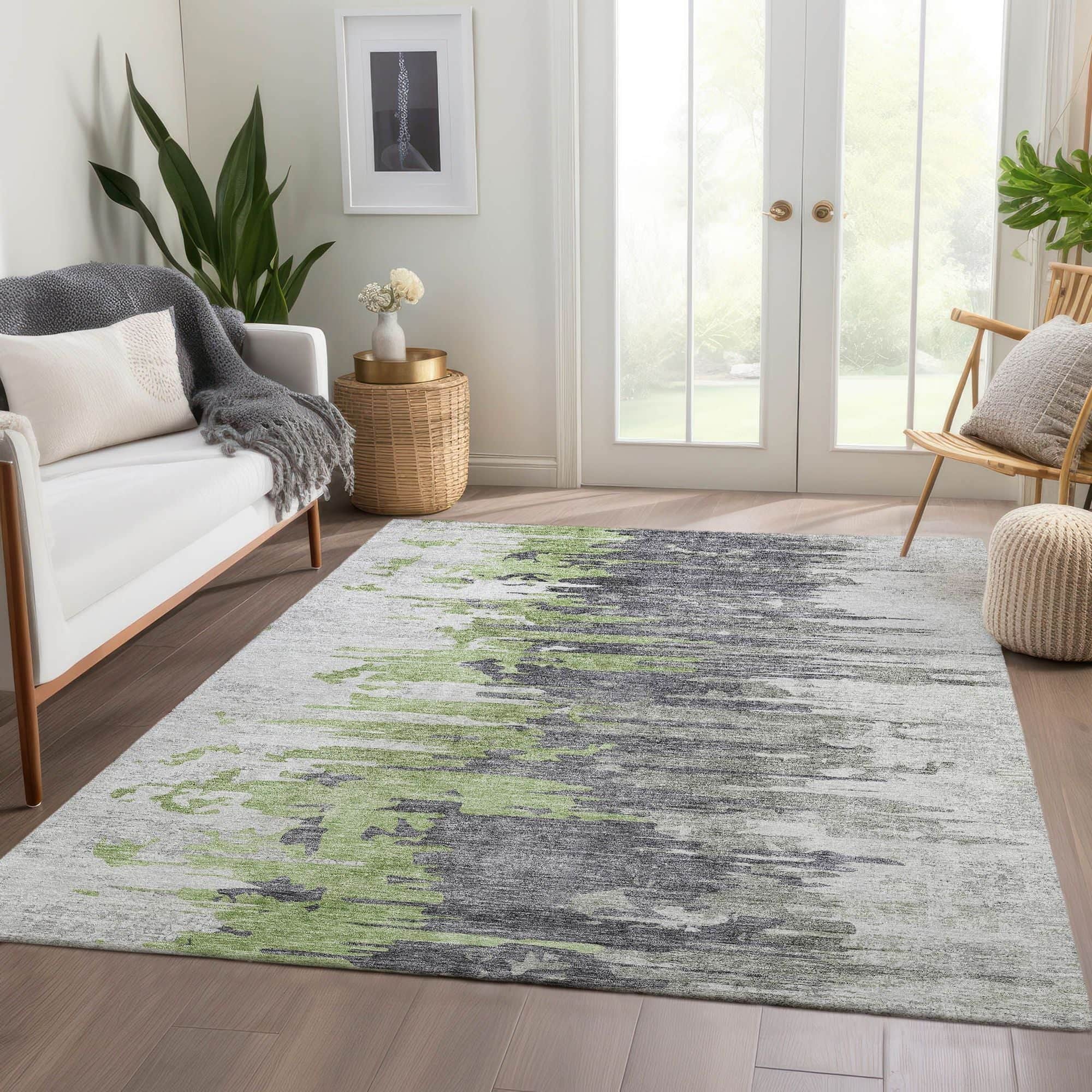 Machine Washable Green Rug - Indoor / Outdoor - Kids / Pet Friendly Modern Print Rug