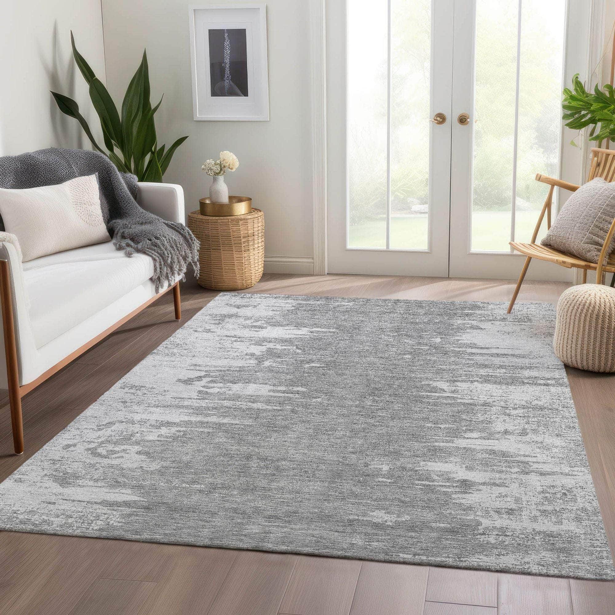 Machine Washable Silver Gray Rug - Indoor / Outdoor - Kids / Pet Friendly Modern Print Rug