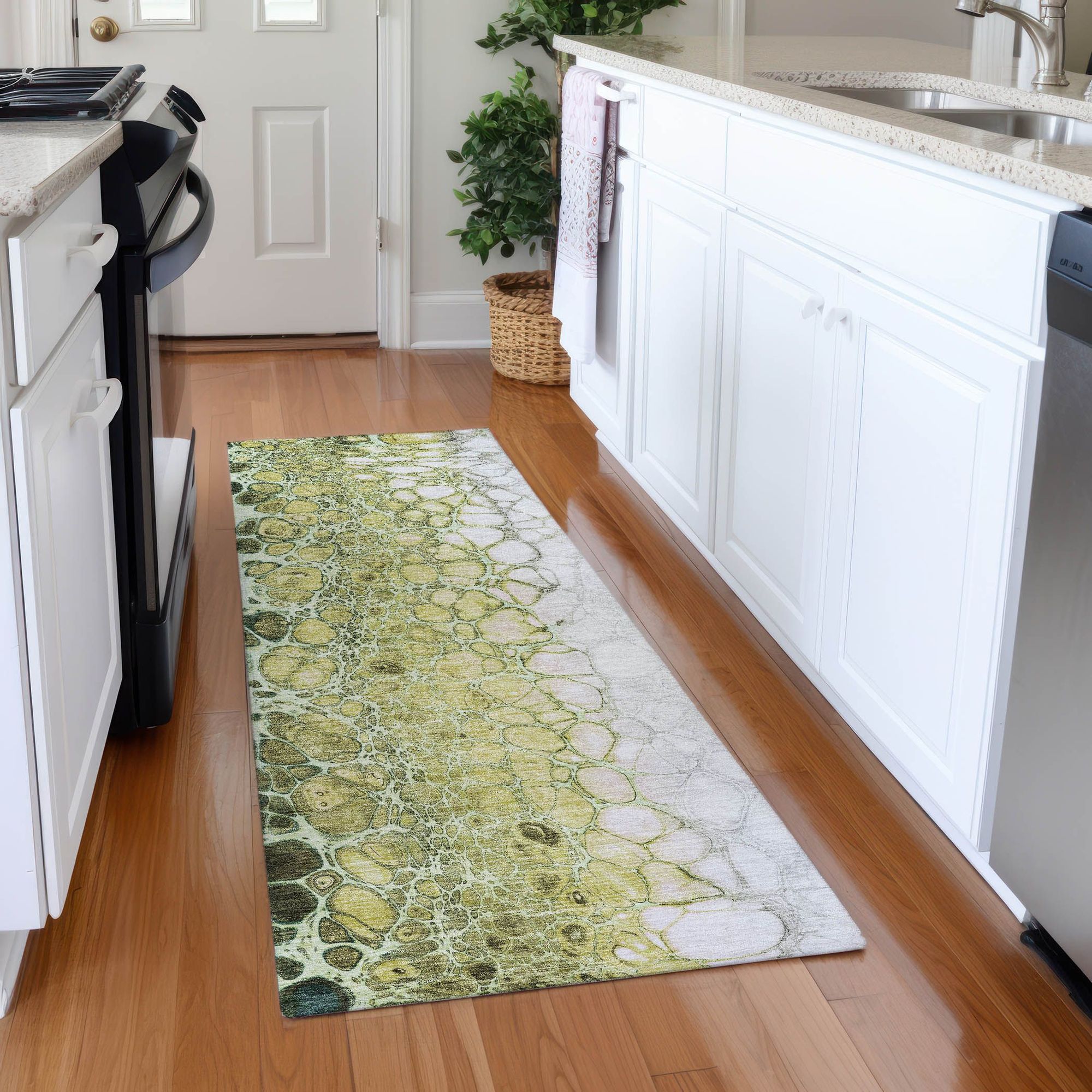 Machine Washable Olive Green Rug - Indoor / Outdoor - Kids / Pet Friendly Abstract Print Rug