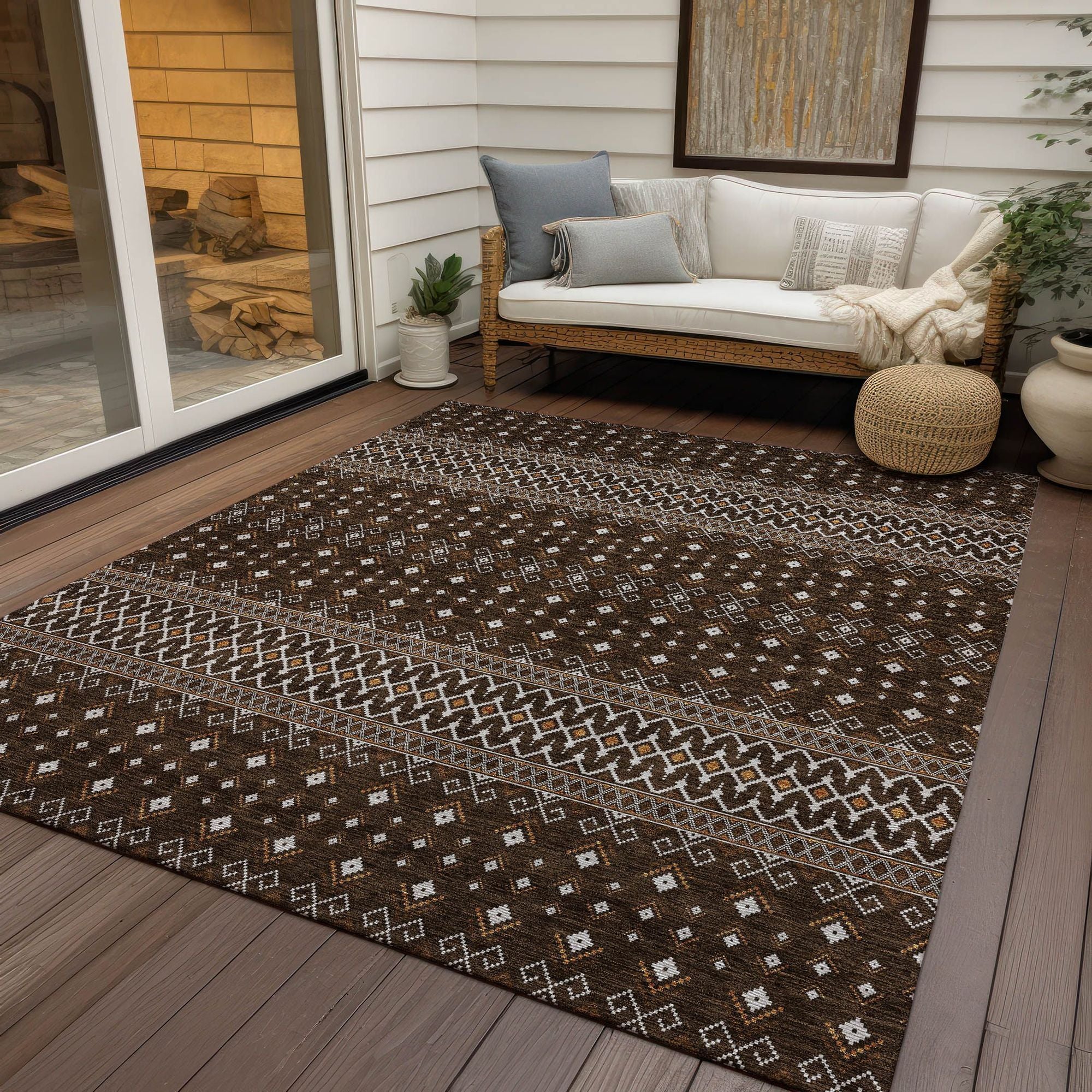 Machine Washable Chocolate Brown Rug - Indoor / Outdoor - Kids / Pet Friendly Boho Print Rug