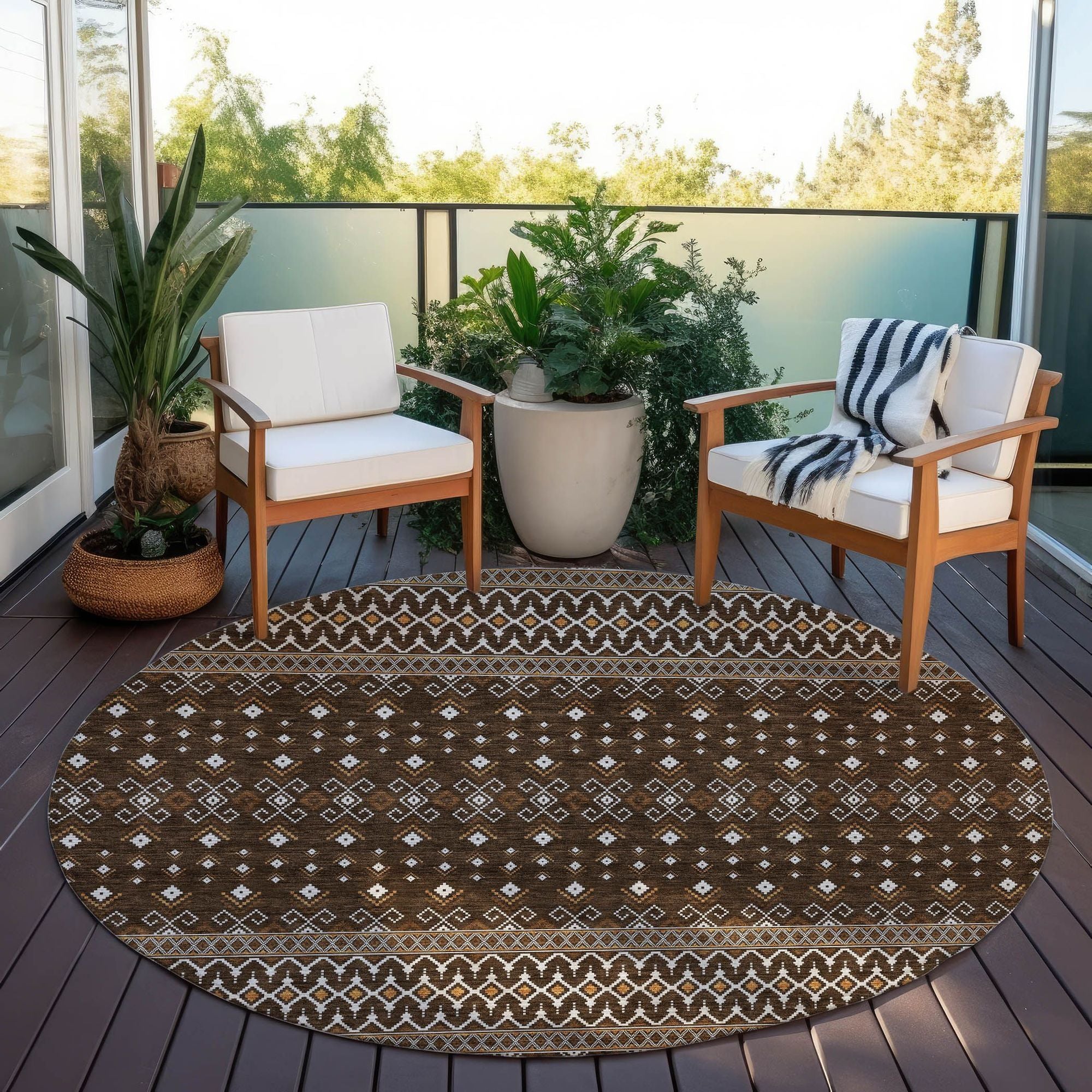 Machine Washable Chocolate Brown Rug - Indoor / Outdoor - Kids / Pet Friendly Boho Print Rug