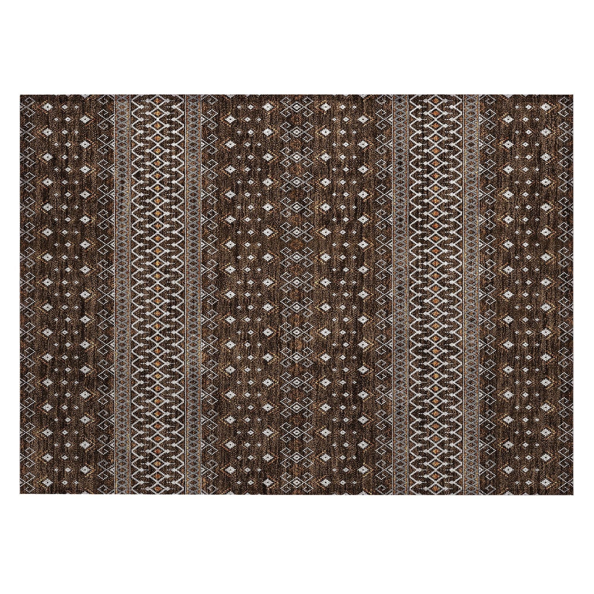 Machine Washable Chocolate Brown Rug - Indoor / Outdoor - Kids / Pet Friendly Boho Print Rug