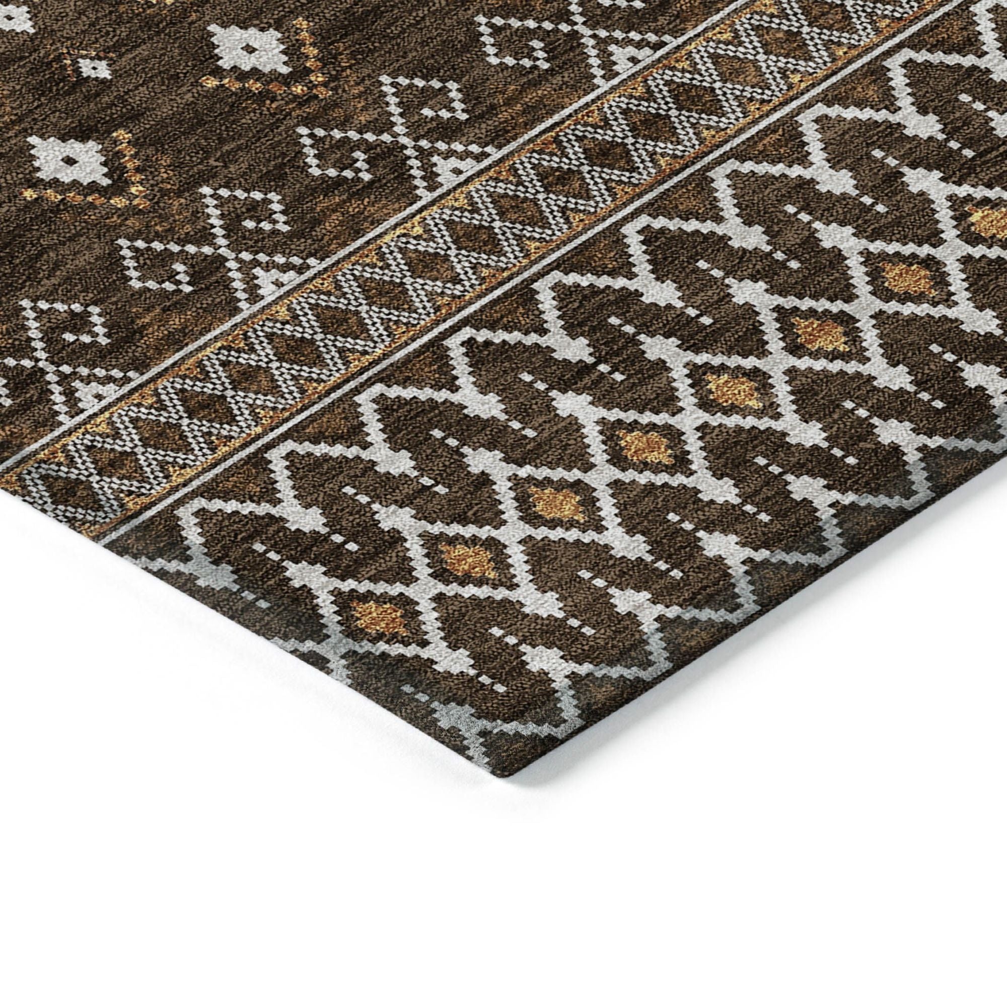 Machine Washable Chocolate Brown Rug - Indoor / Outdoor - Kids / Pet Friendly Boho Print Rug