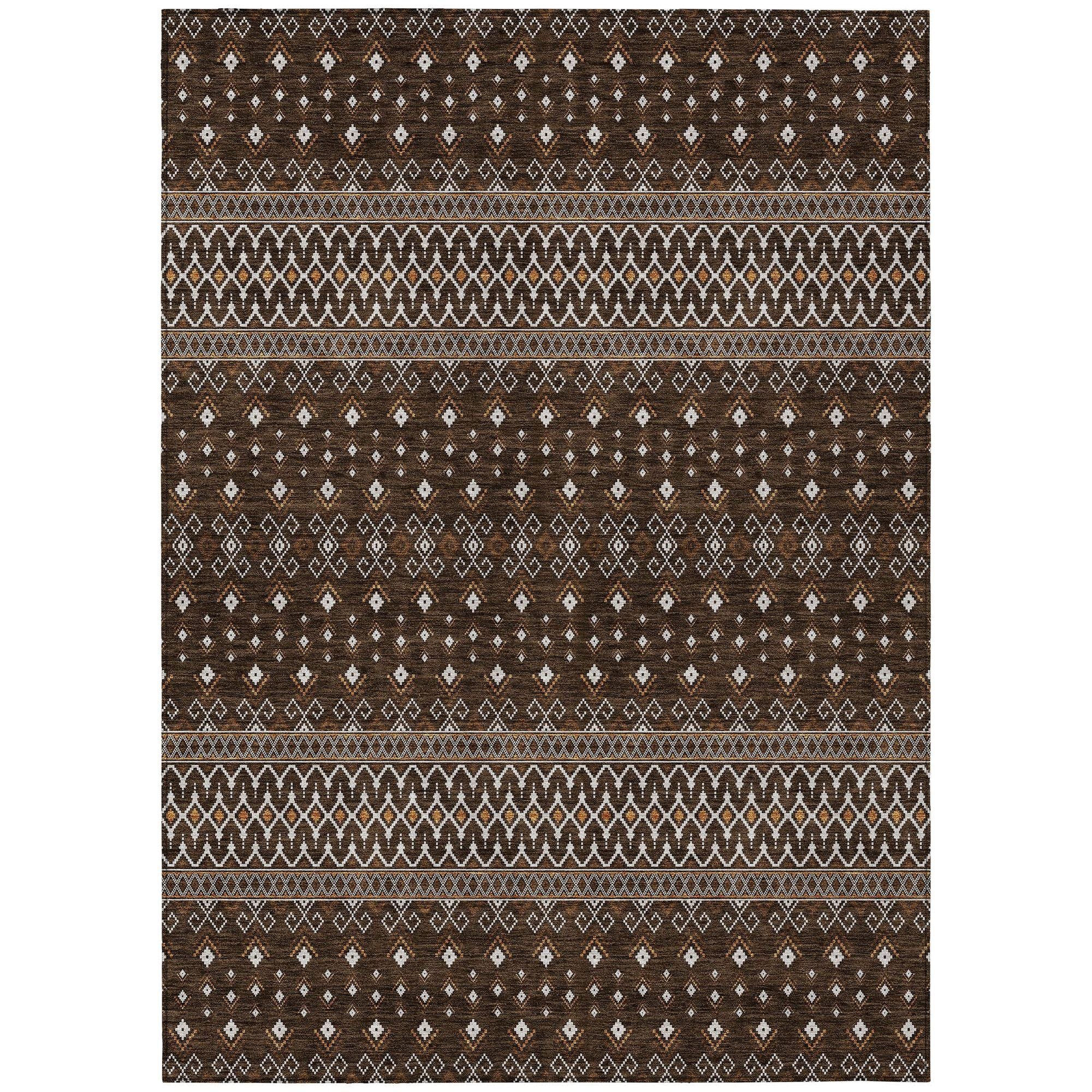 Machine Washable Chocolate Brown Rug - Indoor / Outdoor - Kids / Pet Friendly Boho Print Rug