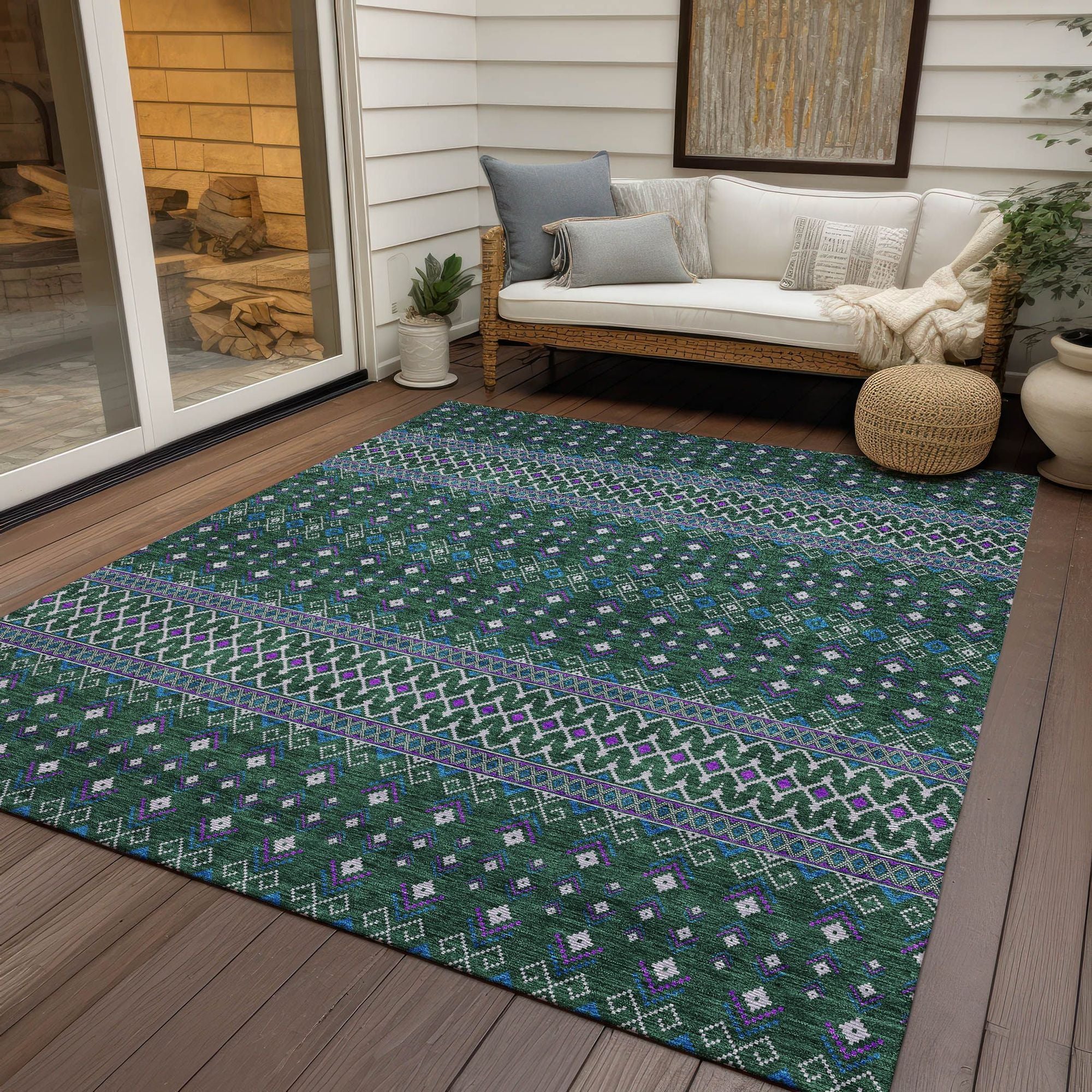 Machine Washable Green Rug - Indoor / Outdoor - Kids / Pet Friendly Boho Print Rug