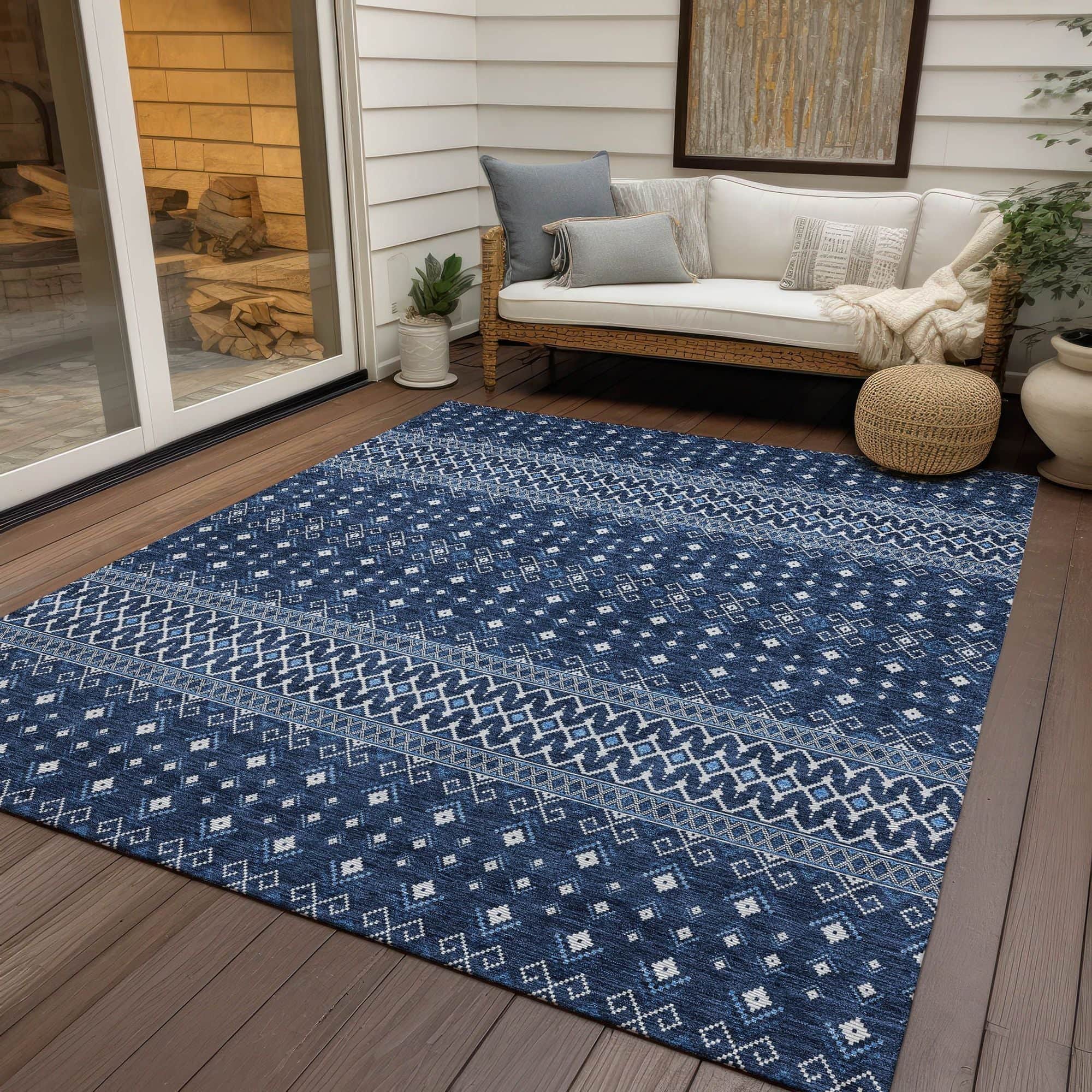 Machine Washable Navy Blue Rug - Indoor / Outdoor - Kids / Pet Friendly Boho Print Rug