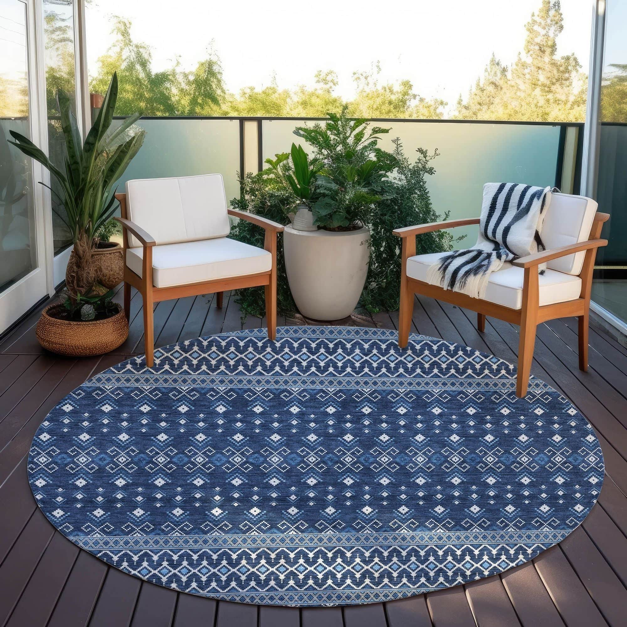 Machine Washable Navy Blue Rug - Indoor / Outdoor - Kids / Pet Friendly Boho Print Rug
