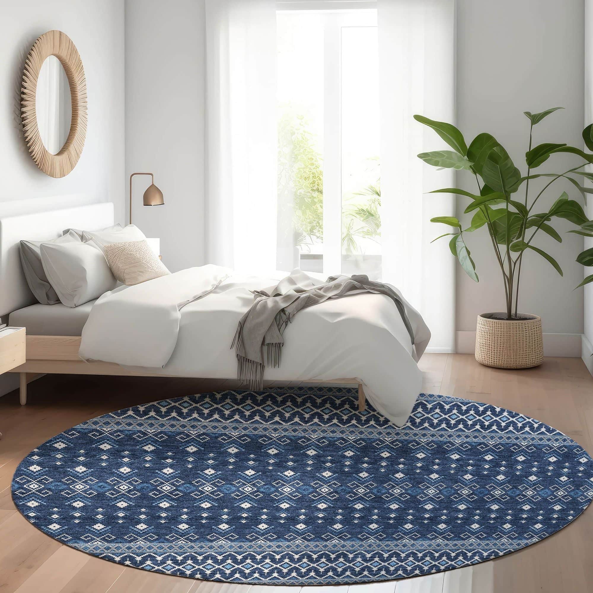 Machine Washable Navy Blue Rug - Indoor / Outdoor - Kids / Pet Friendly Boho Print Rug