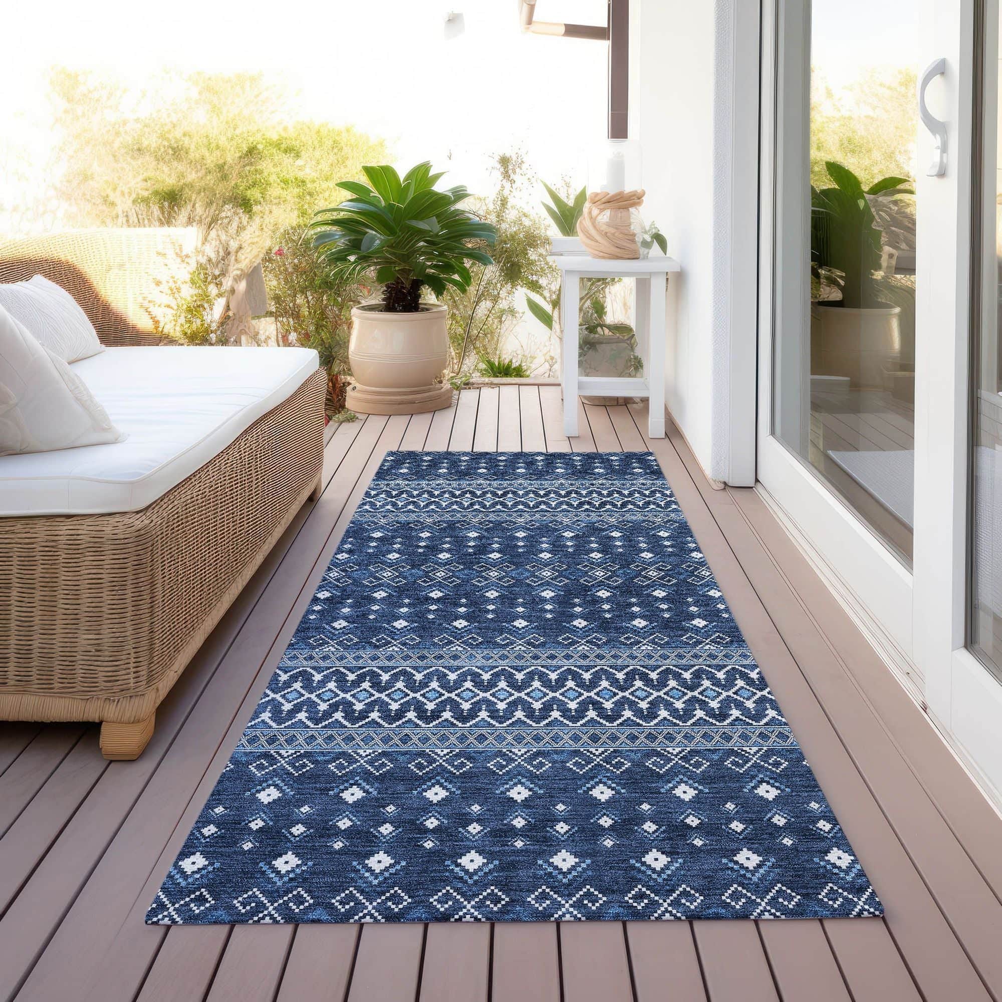Machine Washable Navy Blue Rug - Indoor / Outdoor - Kids / Pet Friendly Boho Print Rug