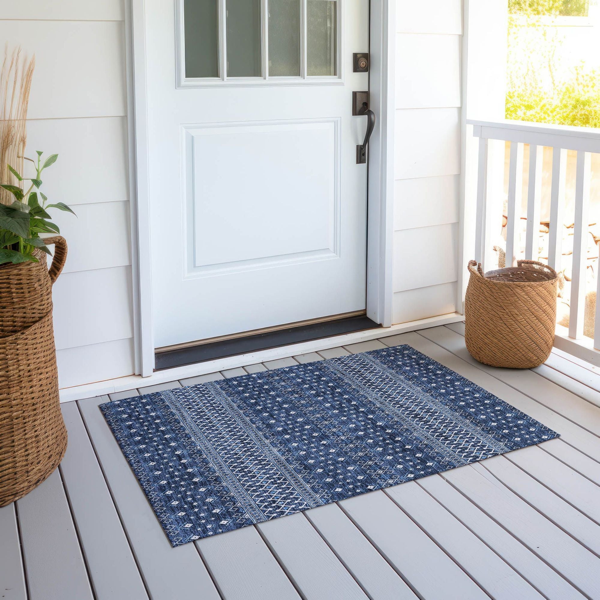 Machine Washable Navy Blue Rug - Indoor / Outdoor - Kids / Pet Friendly Boho Print Rug