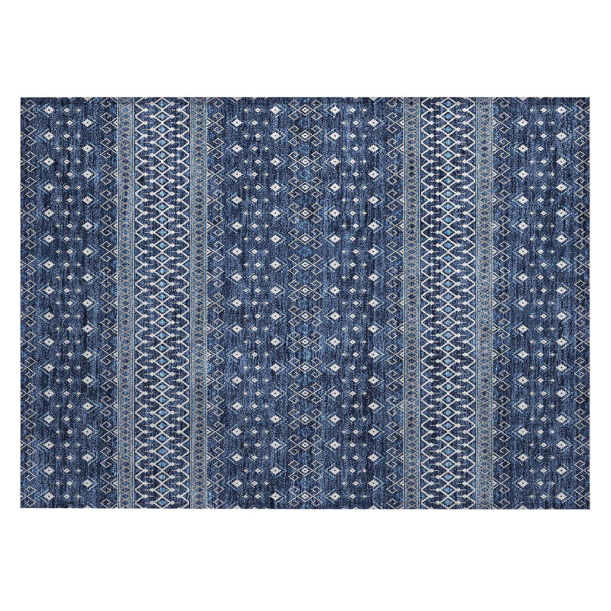 Machine Washable Navy Blue Rug - Indoor / Outdoor - Kids / Pet Friendly Boho Print Rug