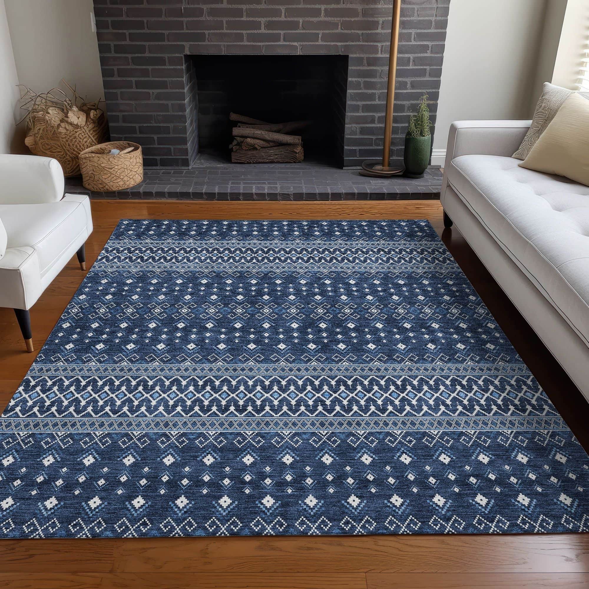Machine Washable Navy Blue Rug - Indoor / Outdoor - Kids / Pet Friendly Boho Print Rug