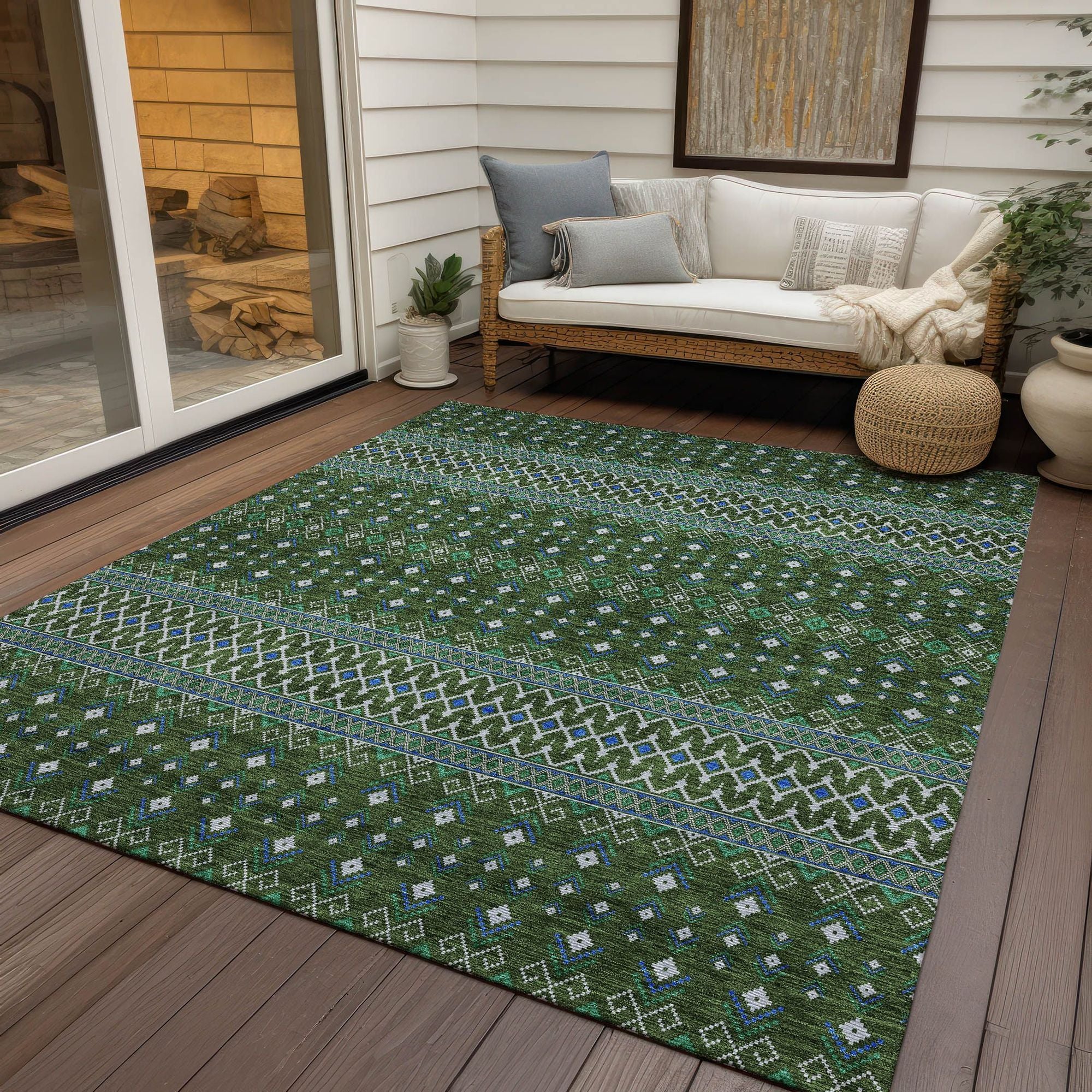 Machine Washable Olive Green Rug - Indoor / Outdoor - Kids / Pet Friendly Boho Print Rug