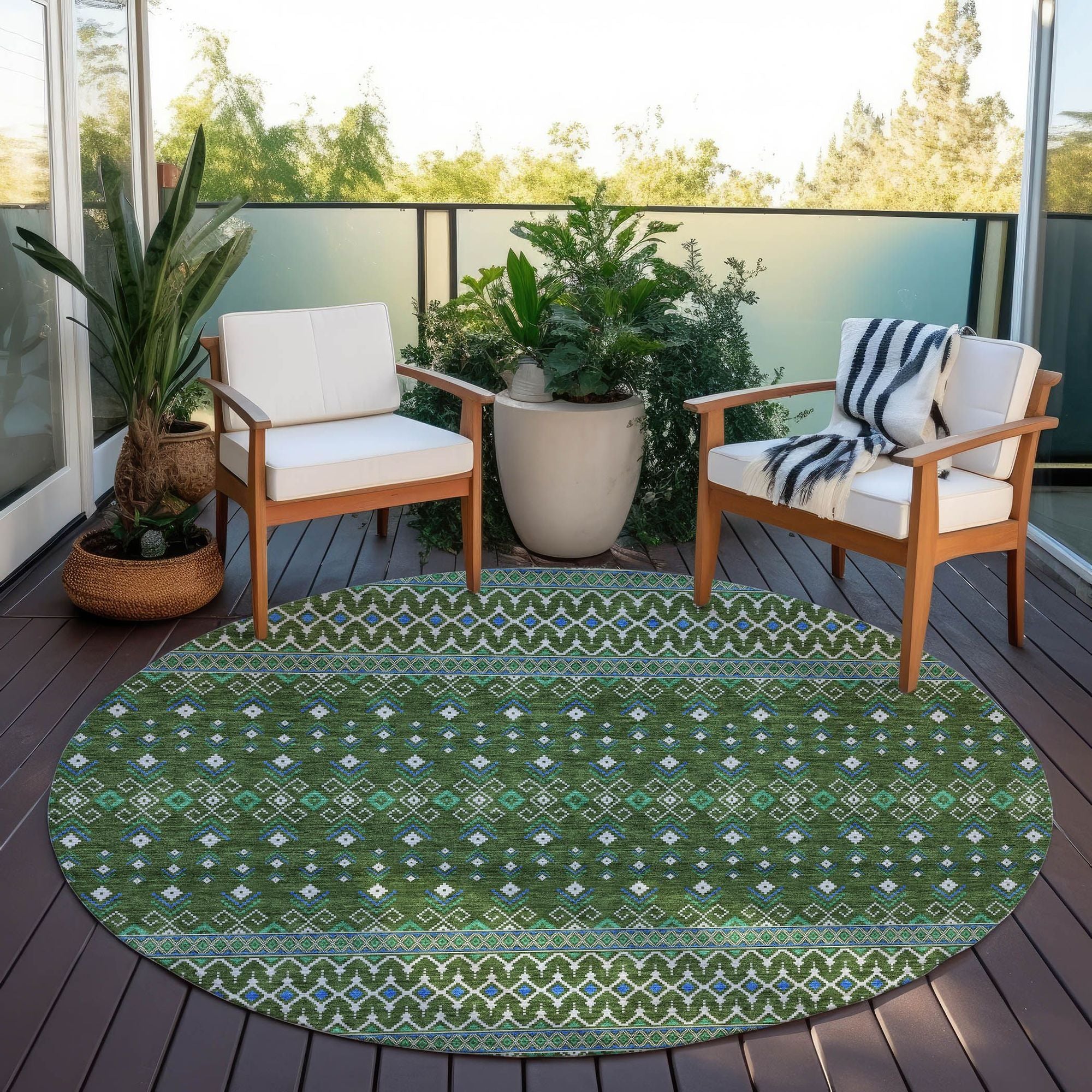 Machine Washable Olive Green Rug - Indoor / Outdoor - Kids / Pet Friendly Boho Print Rug
