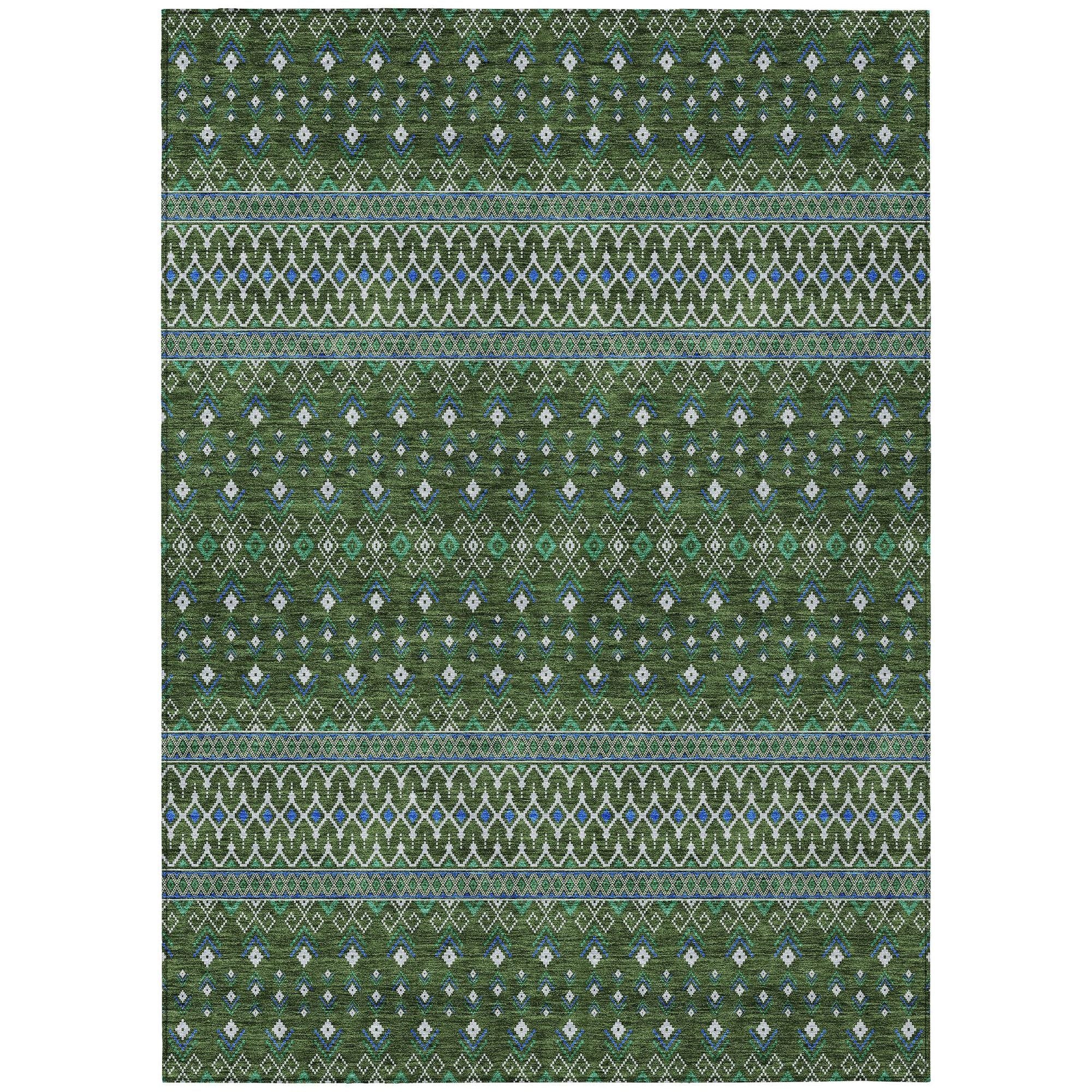 Machine Washable Olive Green Rug - Indoor / Outdoor - Kids / Pet Friendly Boho Print Rug