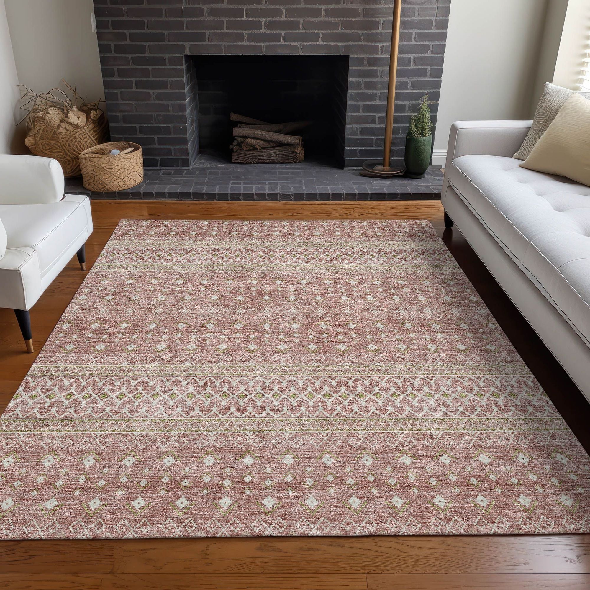 Machine Washable Blush Pink Rug - Indoor / Outdoor - Kids / Pet Friendly Boho Print Rug