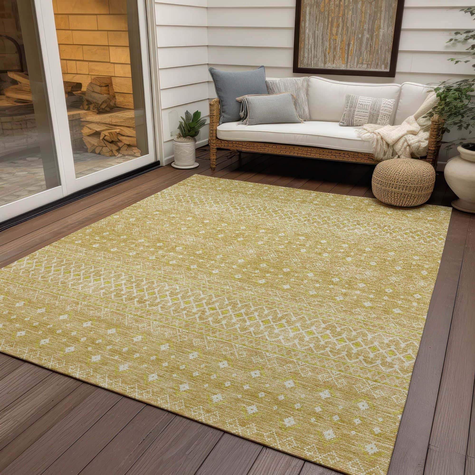 Machine Washable Gold Rug - Indoor / Outdoor - Kids / Pet Friendly Boho Print Rug