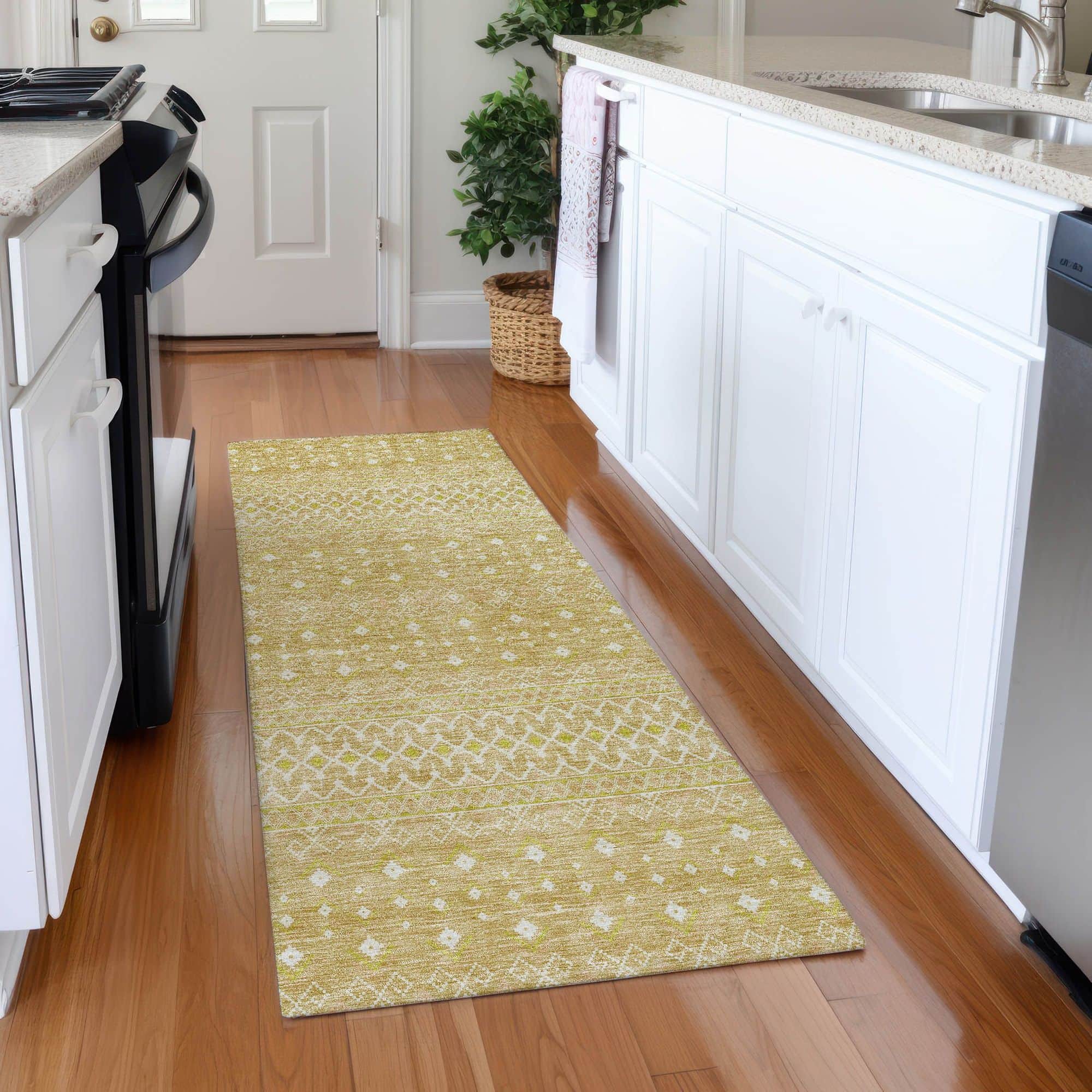 Machine Washable Gold Rug - Indoor / Outdoor - Kids / Pet Friendly Boho Print Rug