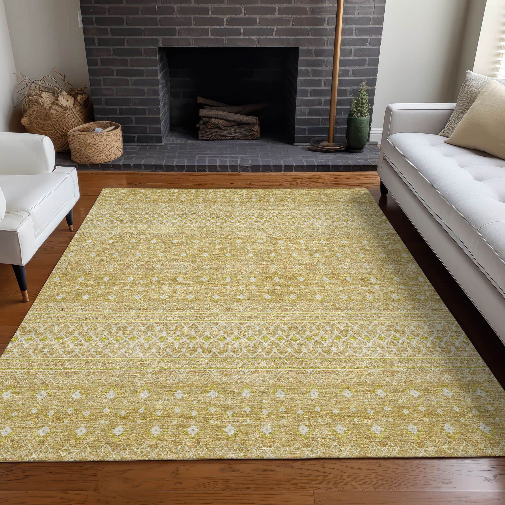 Machine Washable Gold Rug - Indoor / Outdoor - Kids / Pet Friendly Boho Print Rug
