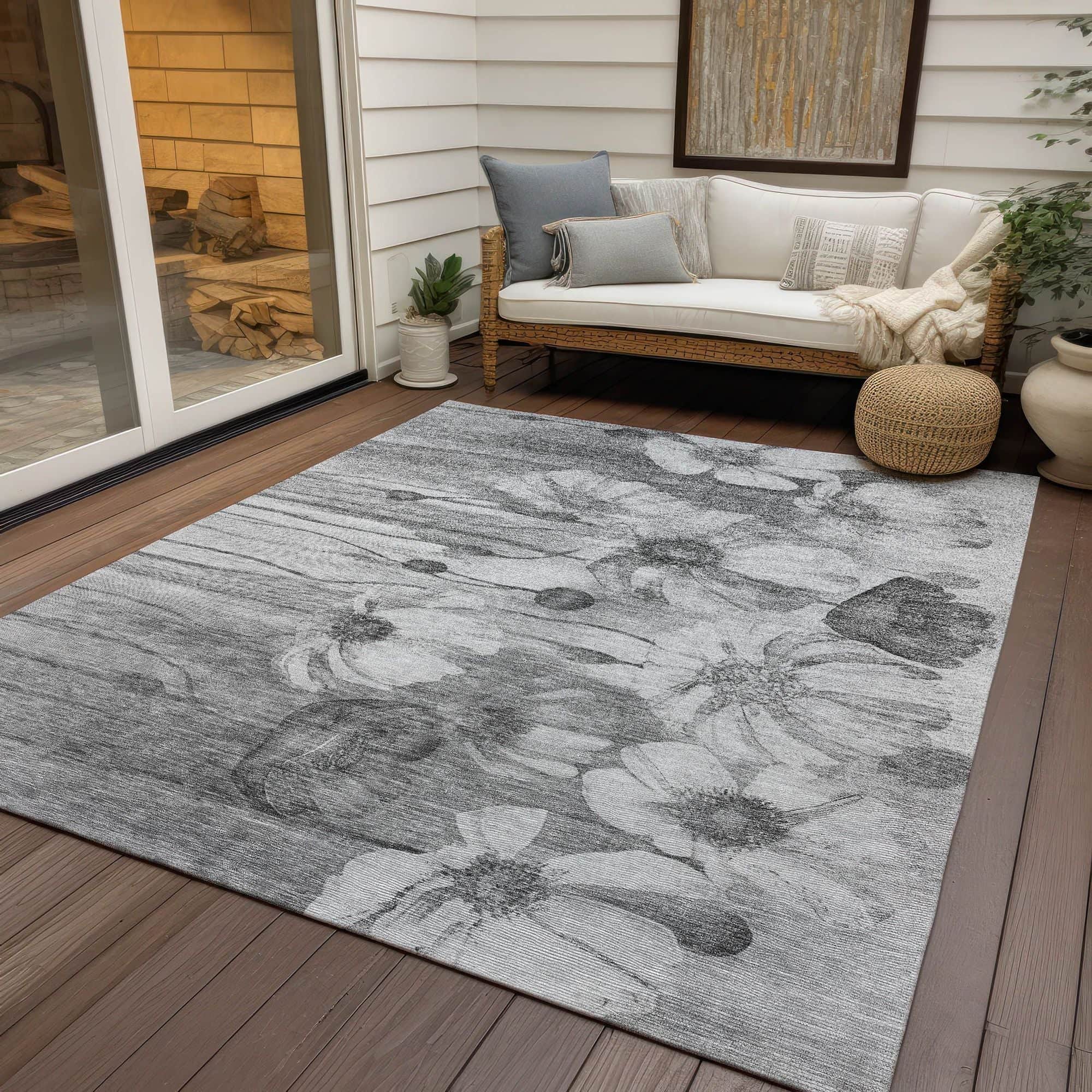 Machine Washable Gray Rug - Indoor / Outdoor - Kids / Pet Friendly Floral Print Rug