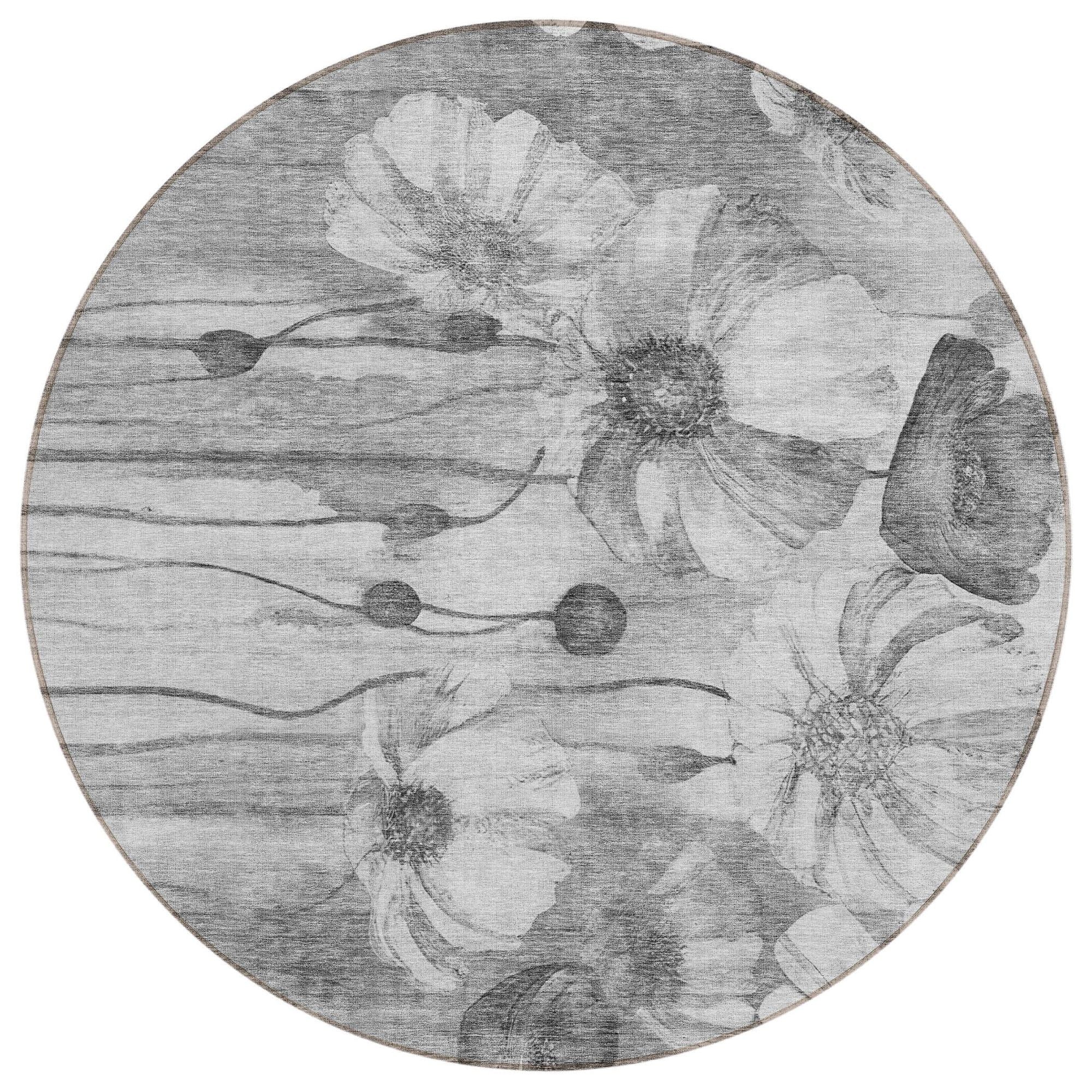 Machine Washable Gray Rug - Indoor / Outdoor - Kids / Pet Friendly Floral Print Rug