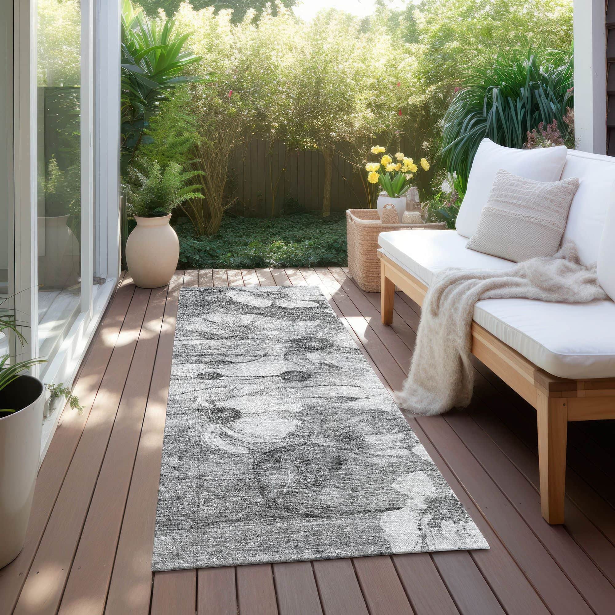 Machine Washable Gray Rug - Indoor / Outdoor - Kids / Pet Friendly Floral Print Rug