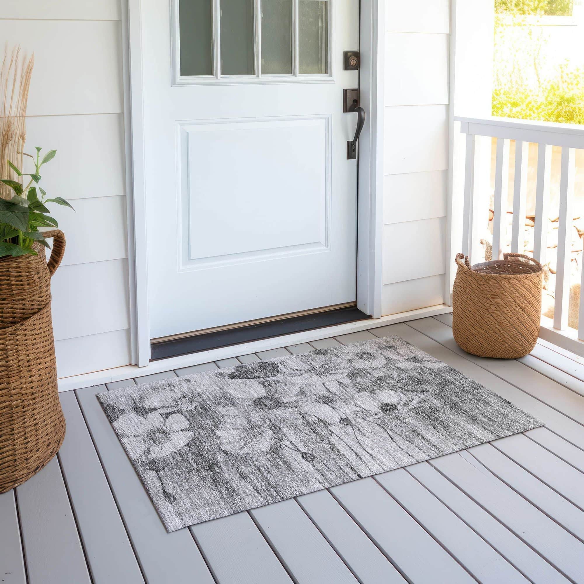 Machine Washable Gray Rug - Indoor / Outdoor - Kids / Pet Friendly Floral Print Rug