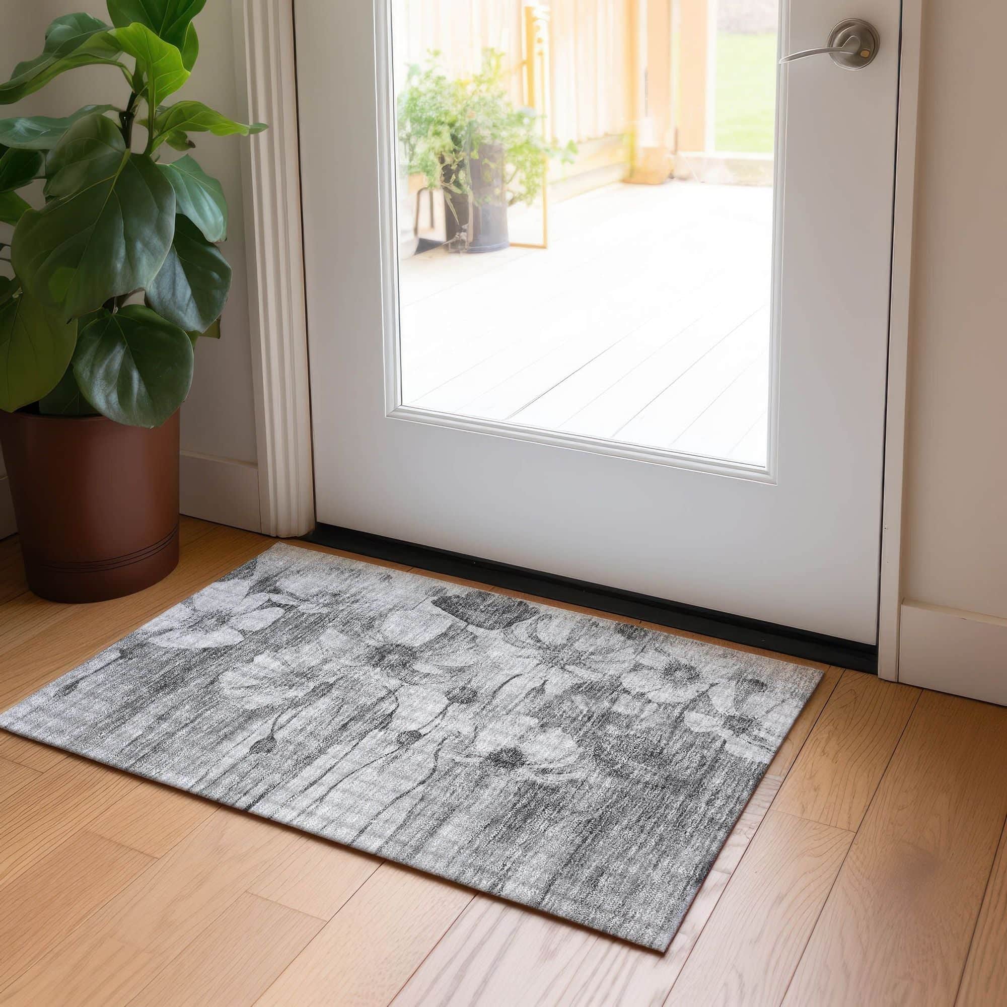 Machine Washable Gray Rug - Indoor / Outdoor - Kids / Pet Friendly Floral Print Rug