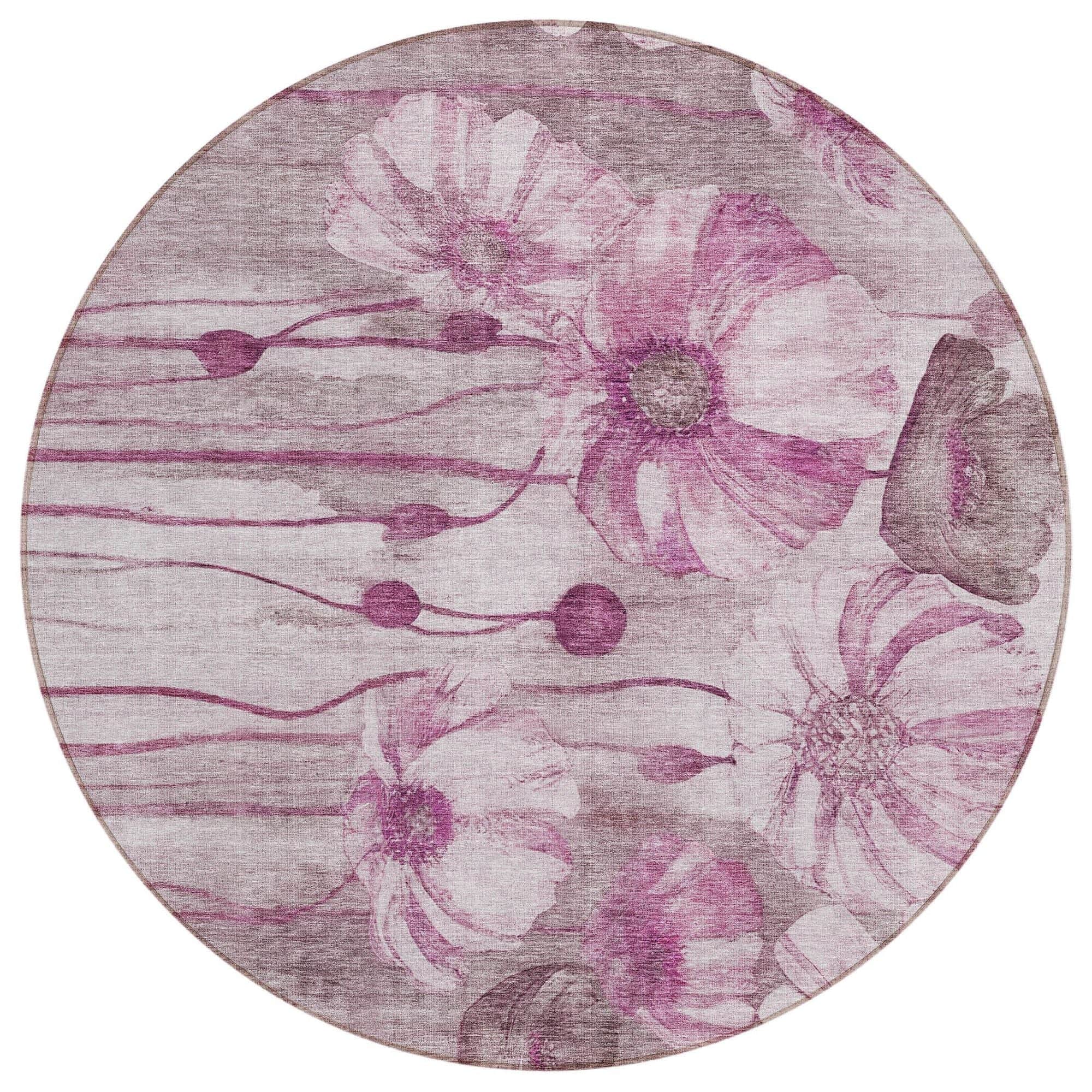 Machine Washable Plum Purple Rug - Indoor / Outdoor - Kids / Pet Friendly Floral Print Rug