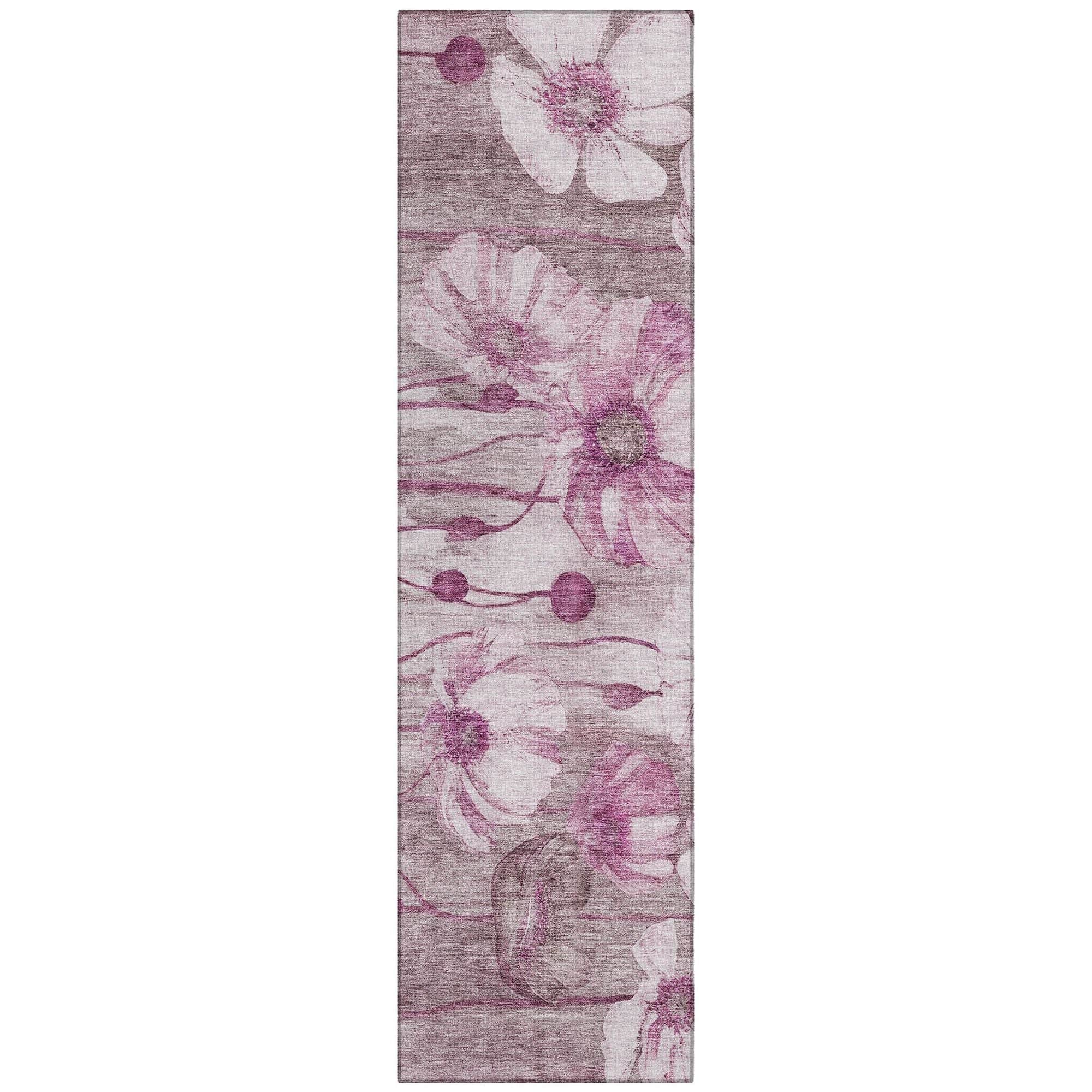 Machine Washable Plum Purple Rug - Indoor / Outdoor - Kids / Pet Friendly Floral Print Rug