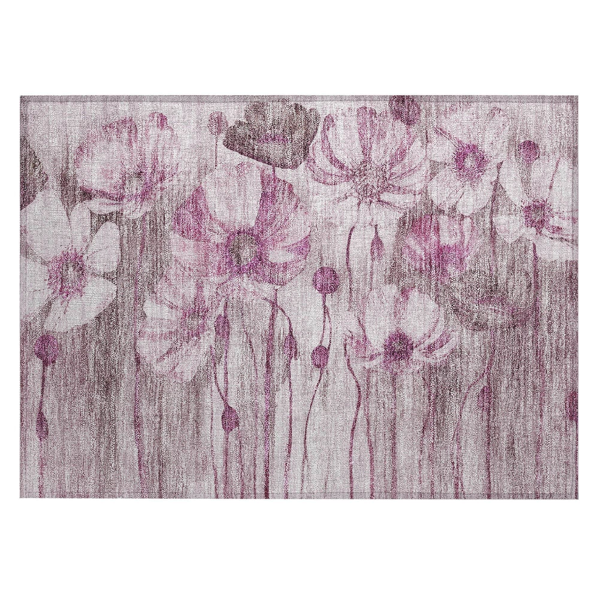 Machine Washable Plum Purple Rug - Indoor / Outdoor - Kids / Pet Friendly Floral Print Rug