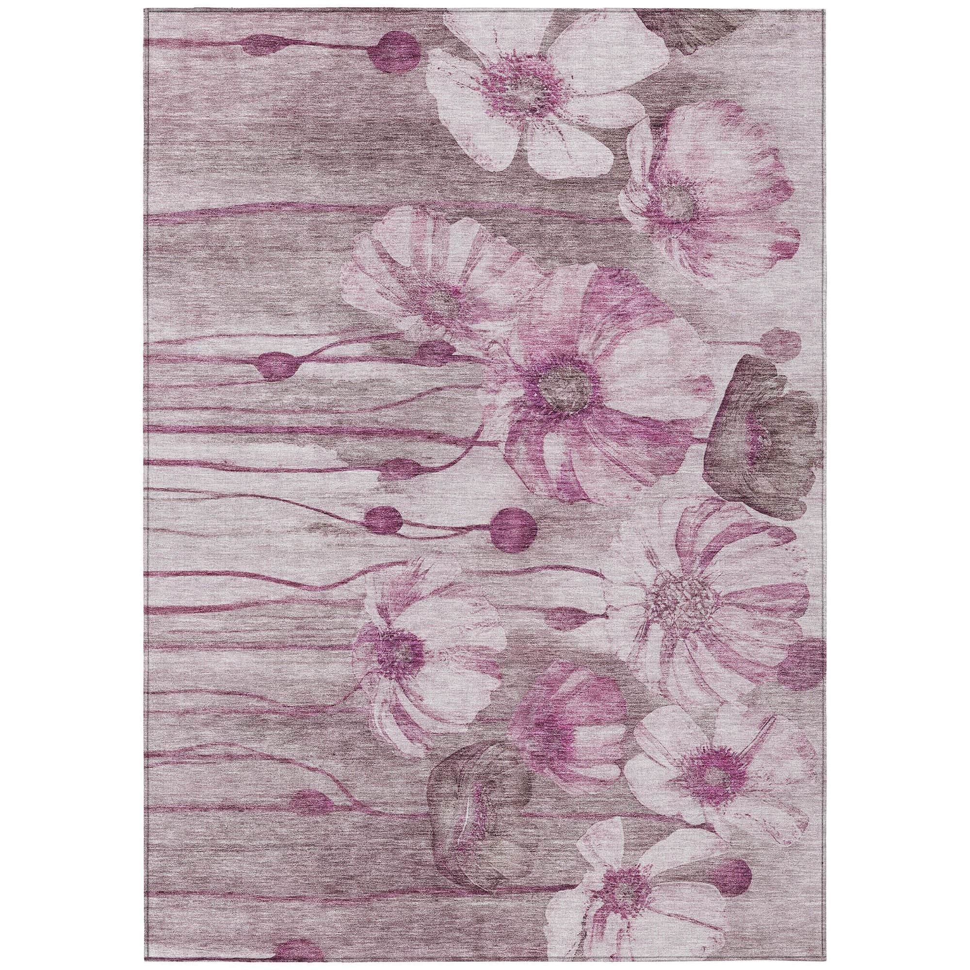Machine Washable Plum Purple Rug - Indoor / Outdoor - Kids / Pet Friendly Floral Print Rug