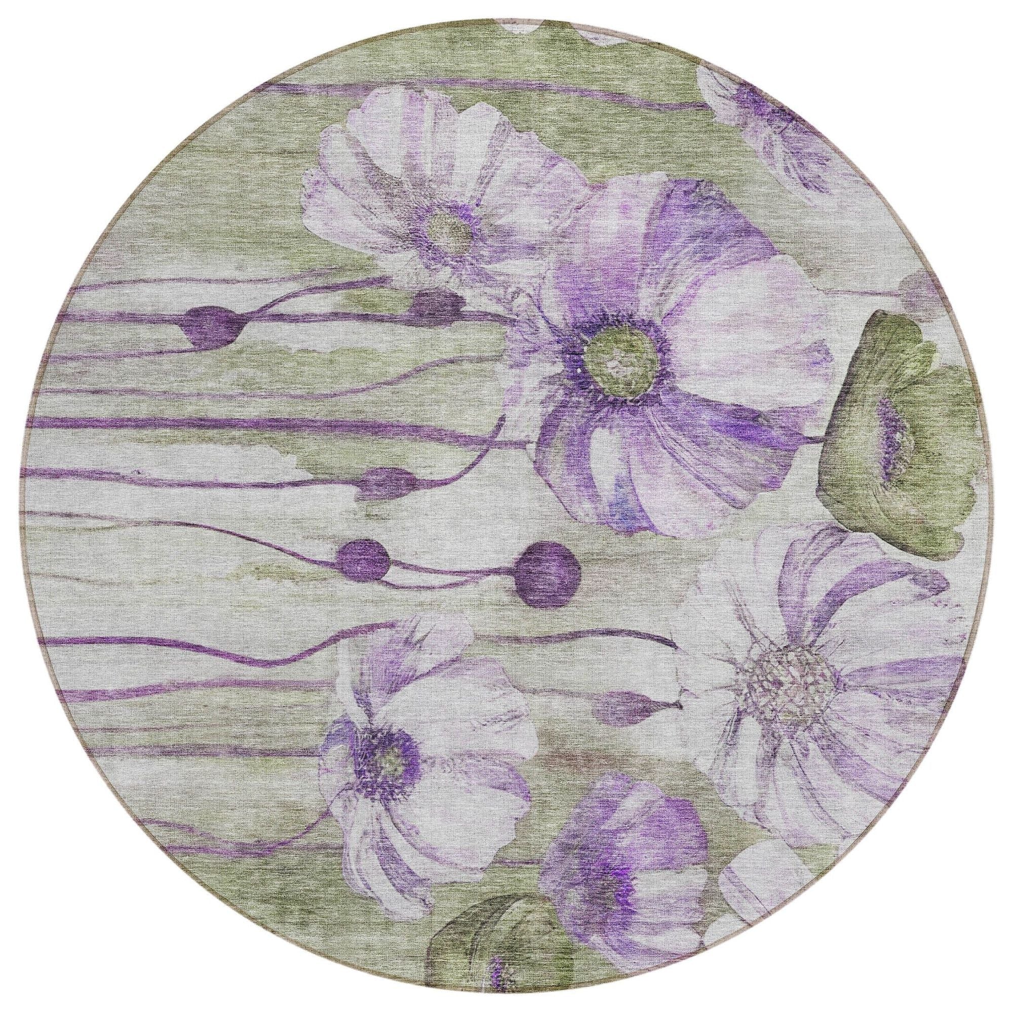 Machine Washable Purple Rug - Indoor / Outdoor - Kids / Pet Friendly Floral Print Rug