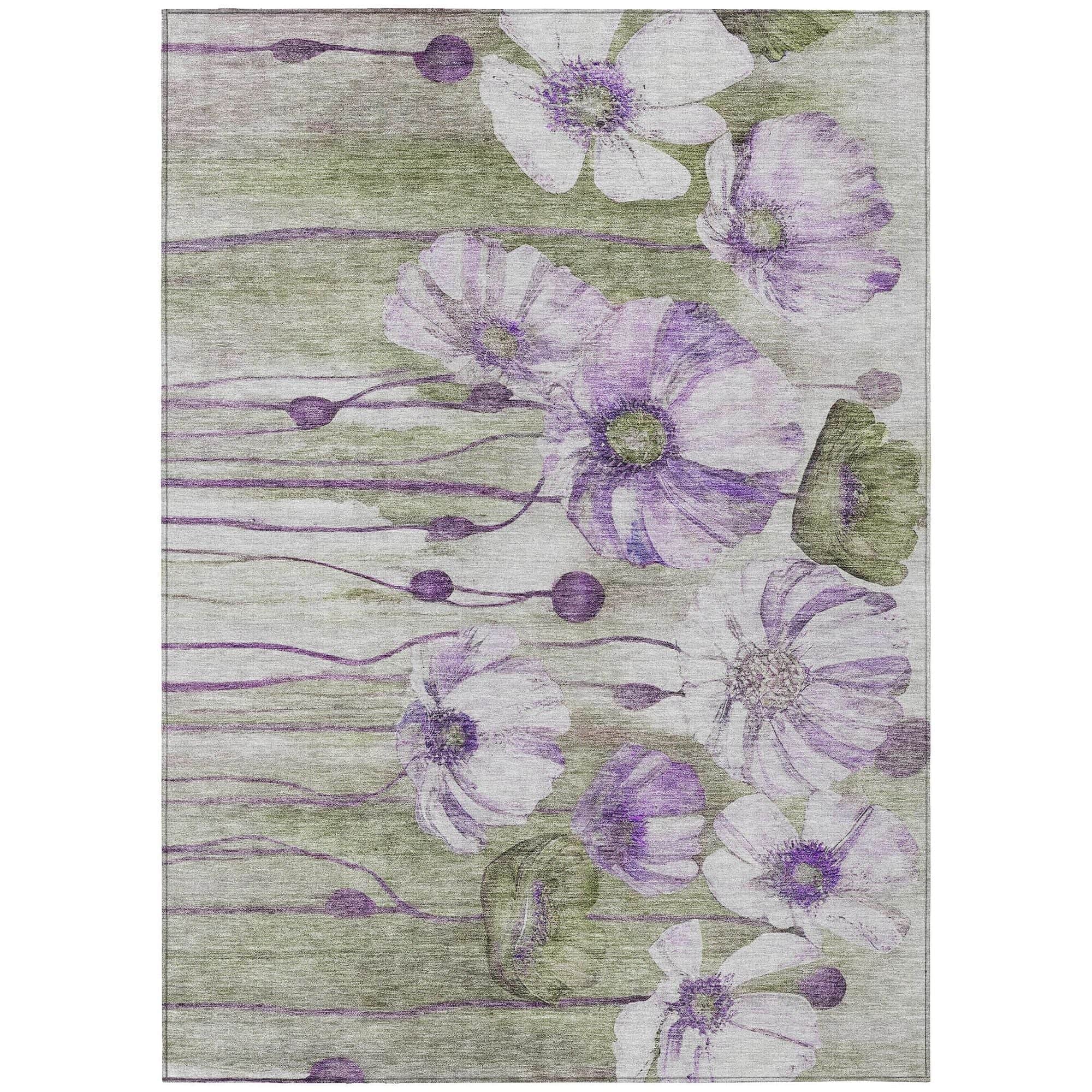 Machine Washable Purple Rug - Indoor / Outdoor - Kids / Pet Friendly Floral Print Rug