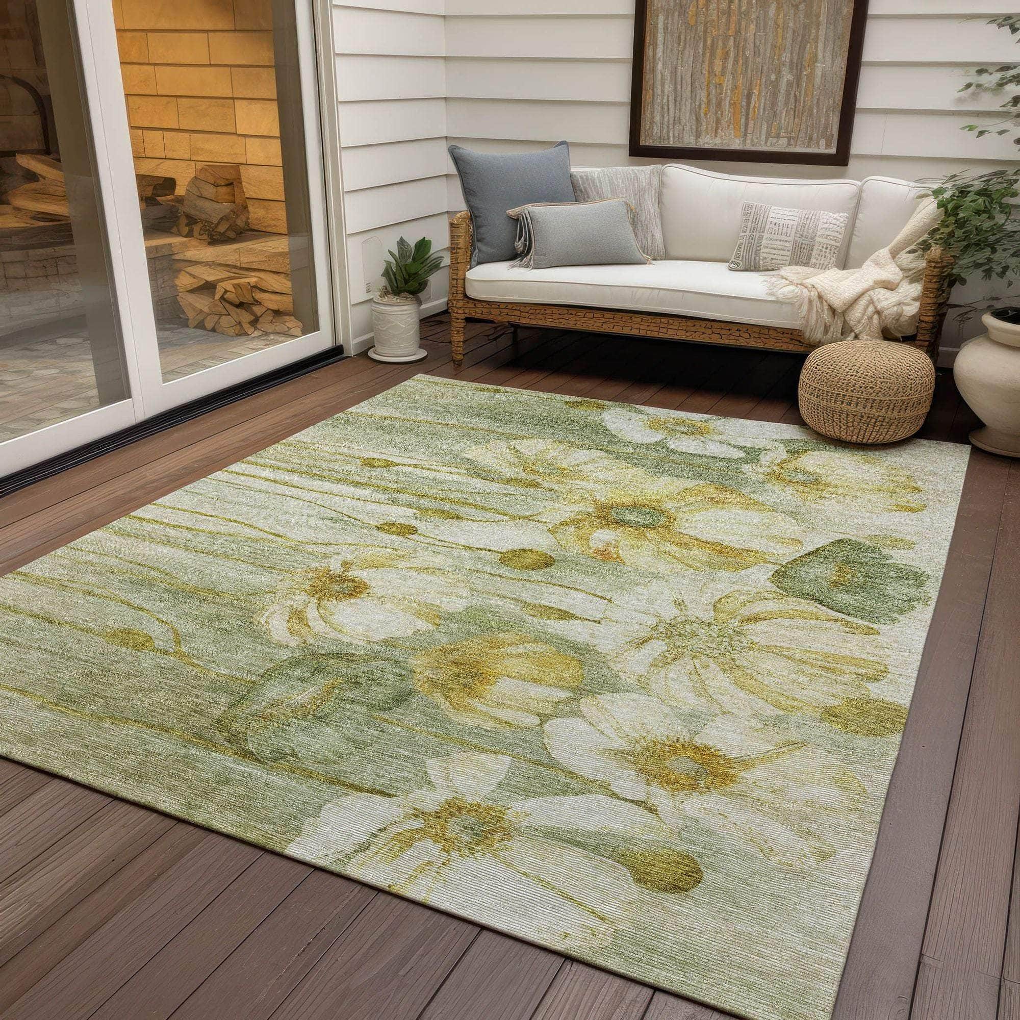 Machine Washable Sage Green Rug - Indoor / Outdoor - Kids / Pet Friendly Floral Print Rug