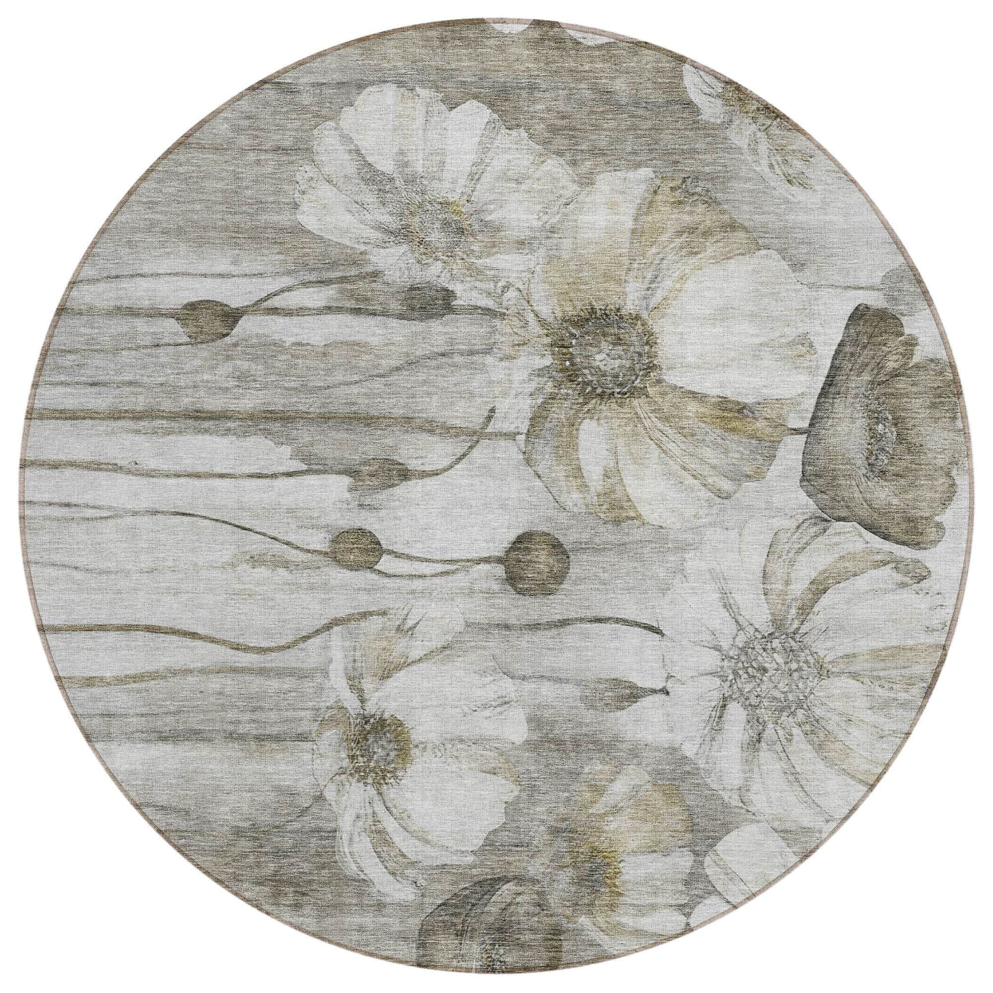 Machine Washable Taupe Brown Rug - Indoor / Outdoor - Kids / Pet Friendly Floral Print Rug
