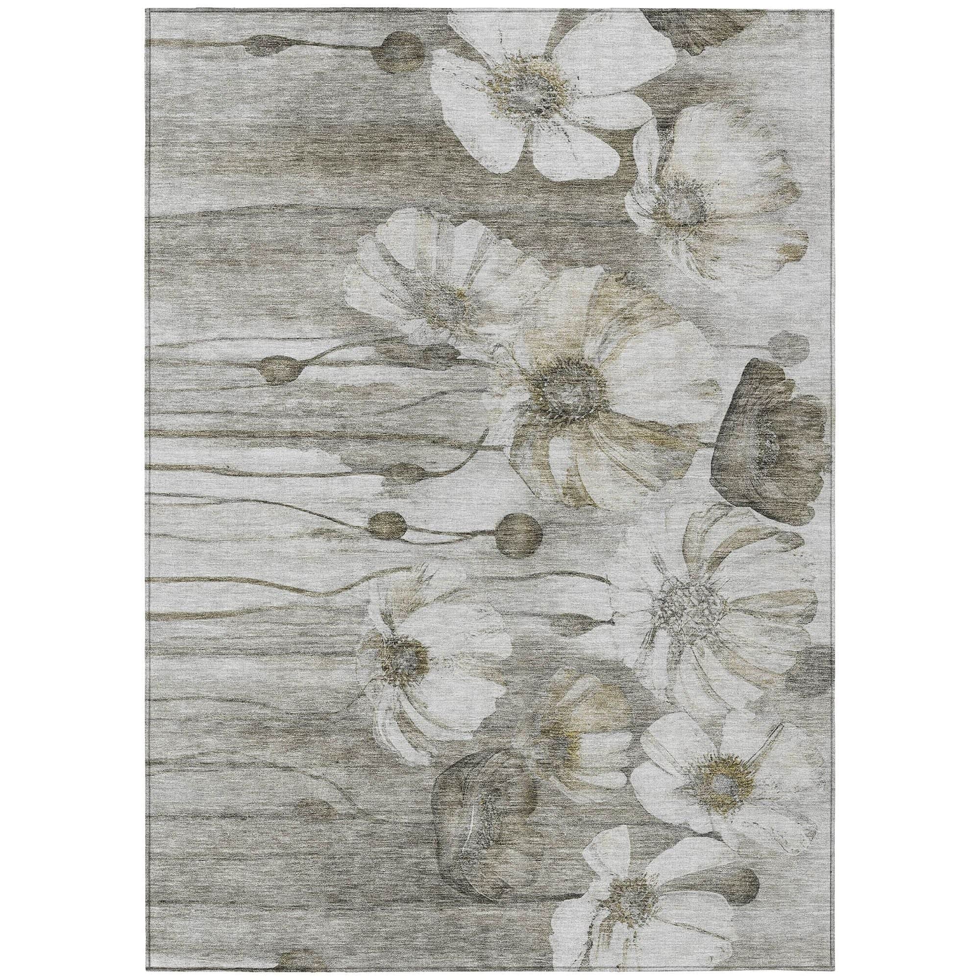 Machine Washable Taupe Brown Rug - Indoor / Outdoor - Kids / Pet Friendly Floral Print Rug