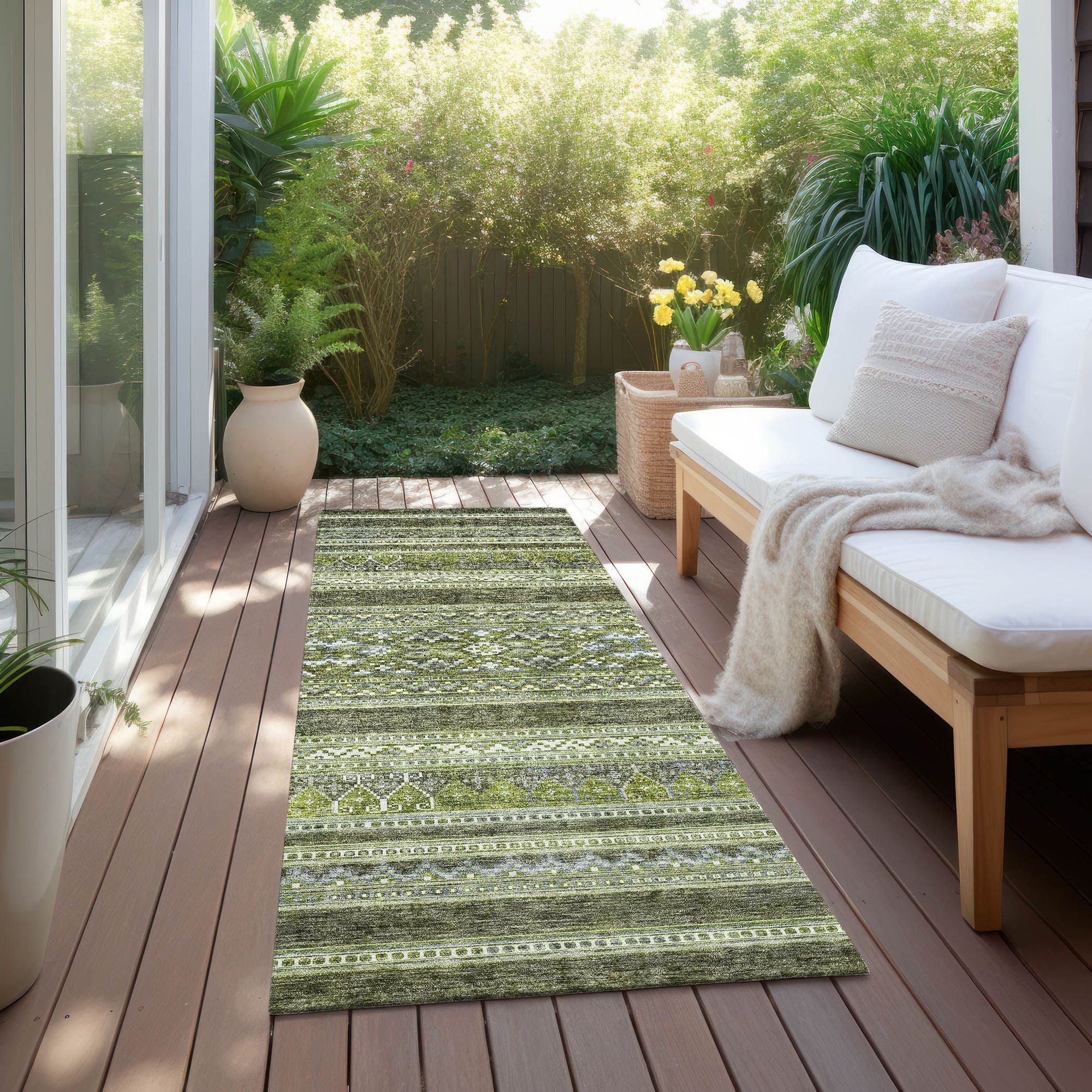 Machine Washable Olive Green Rug - Indoor / Outdoor - Kids / Pet Friendly Southwest Print Rug