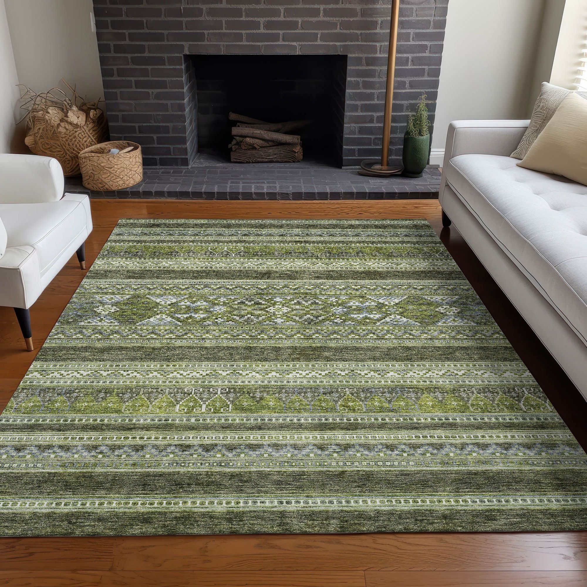 Machine Washable Olive Green Rug - Indoor / Outdoor - Kids / Pet Friendly Southwest Print Rug