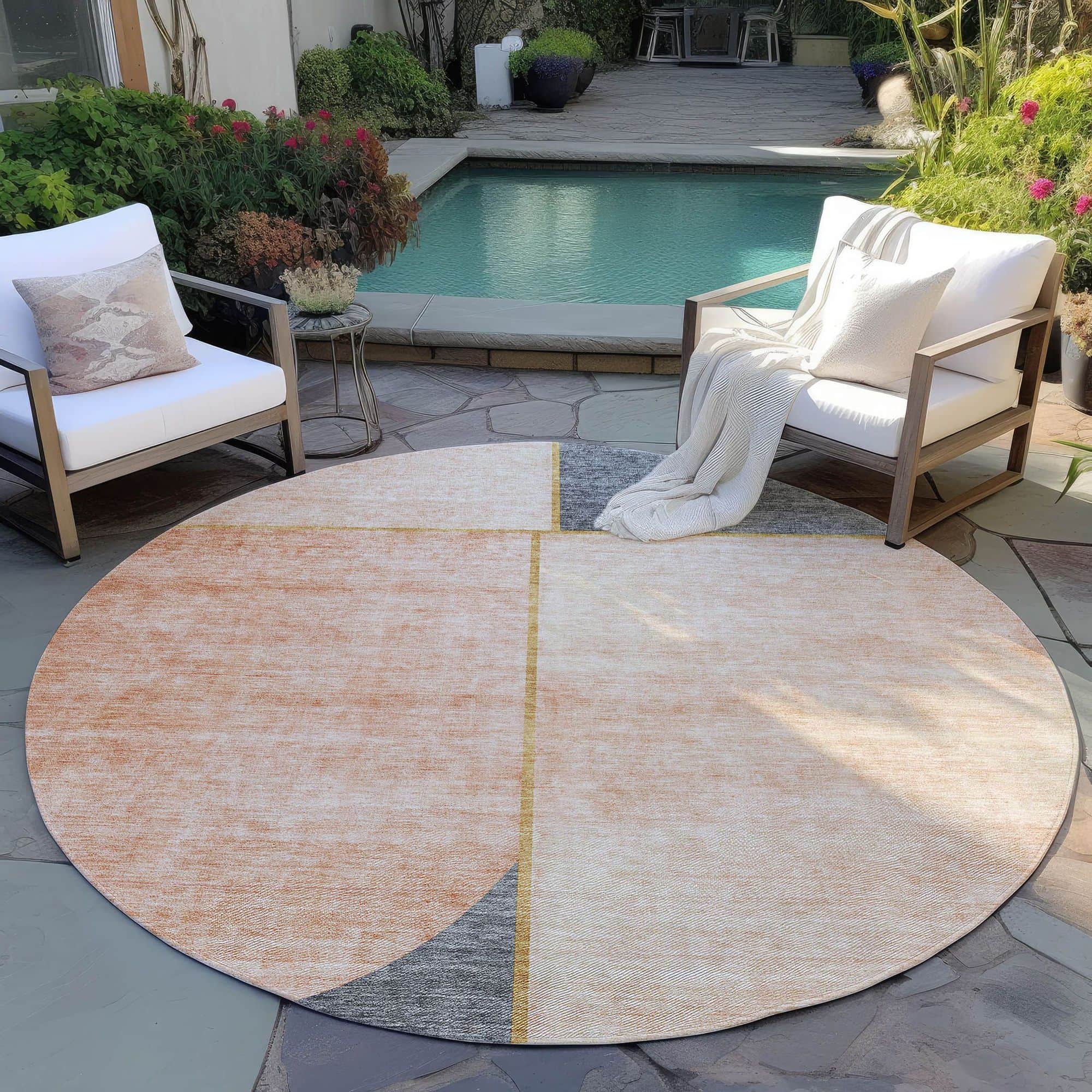 Machine Washable Coral Orange Rug - Indoor / Outdoor - Kids / Pet Friendly Art Deco Print Rug