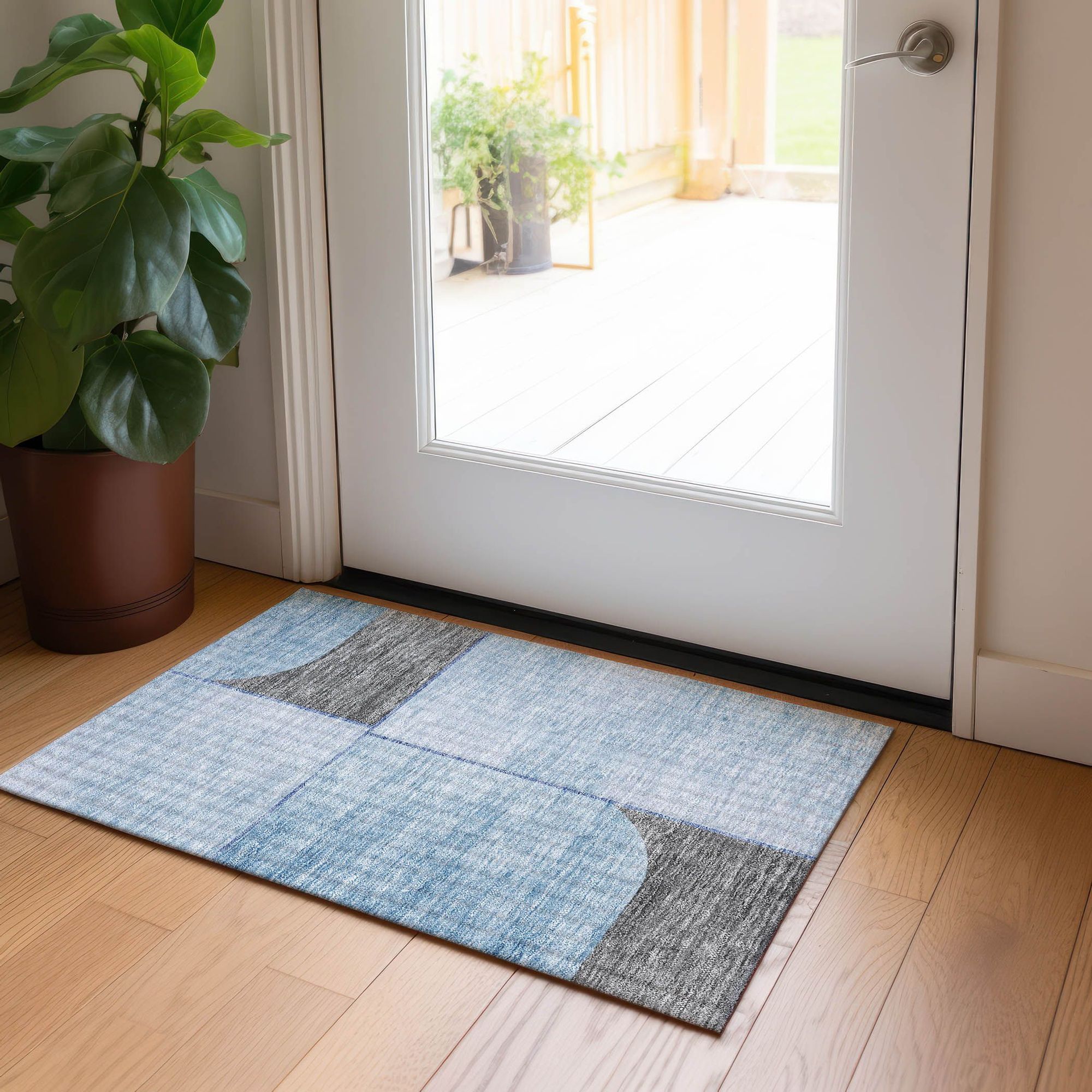 Machine Washable Sky Blue Rug - Indoor / Outdoor - Kids / Pet Friendly Art Deco Print Rug