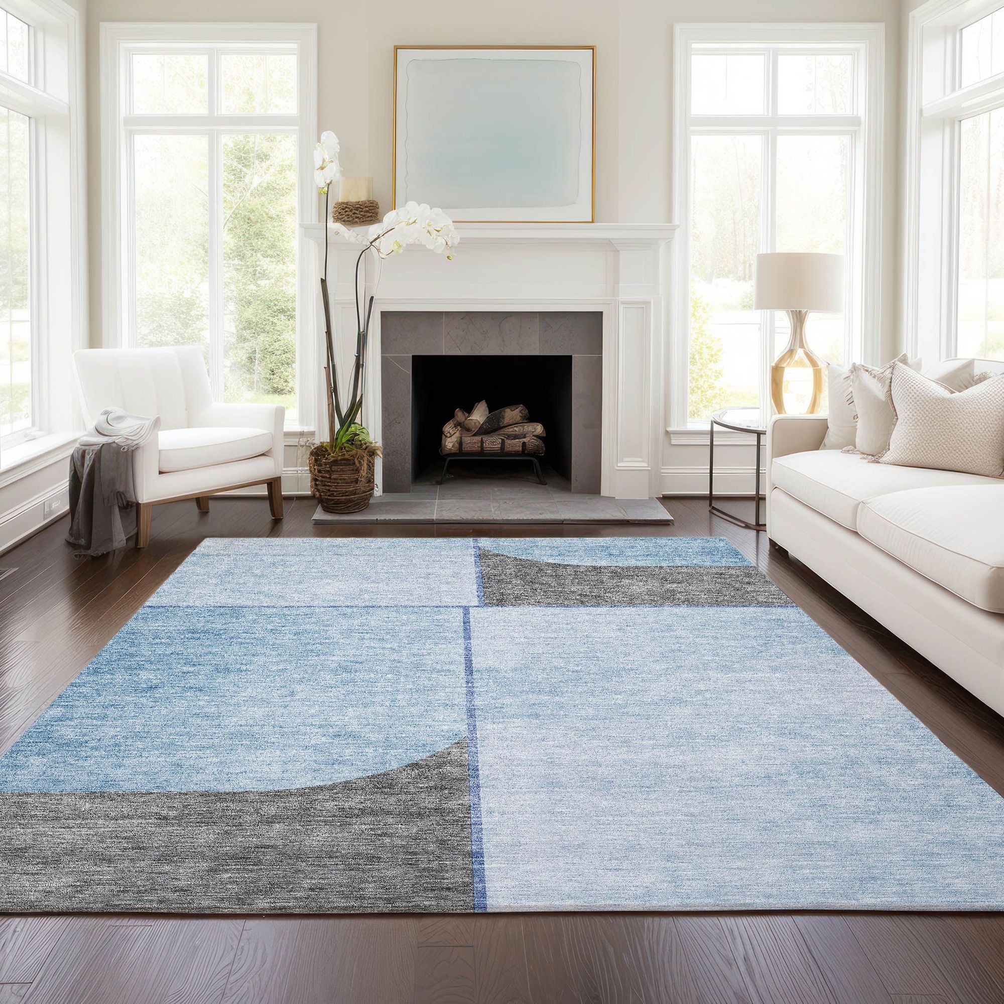 Machine Washable Sky Blue Rug - Indoor / Outdoor - Kids / Pet Friendly Art Deco Print Rug