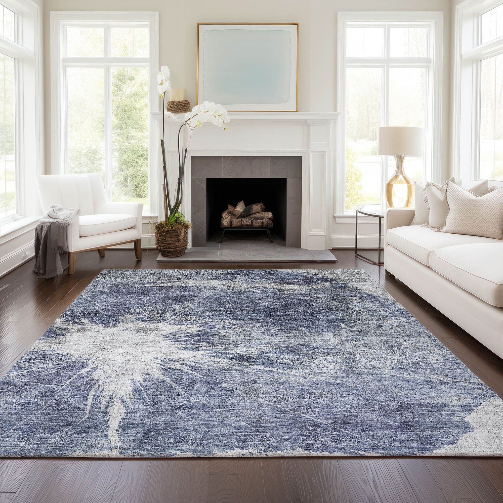 Machine Washable Navy Blue Rug - Indoor / Outdoor - Kids / Pet Friendly Organic Print Rug