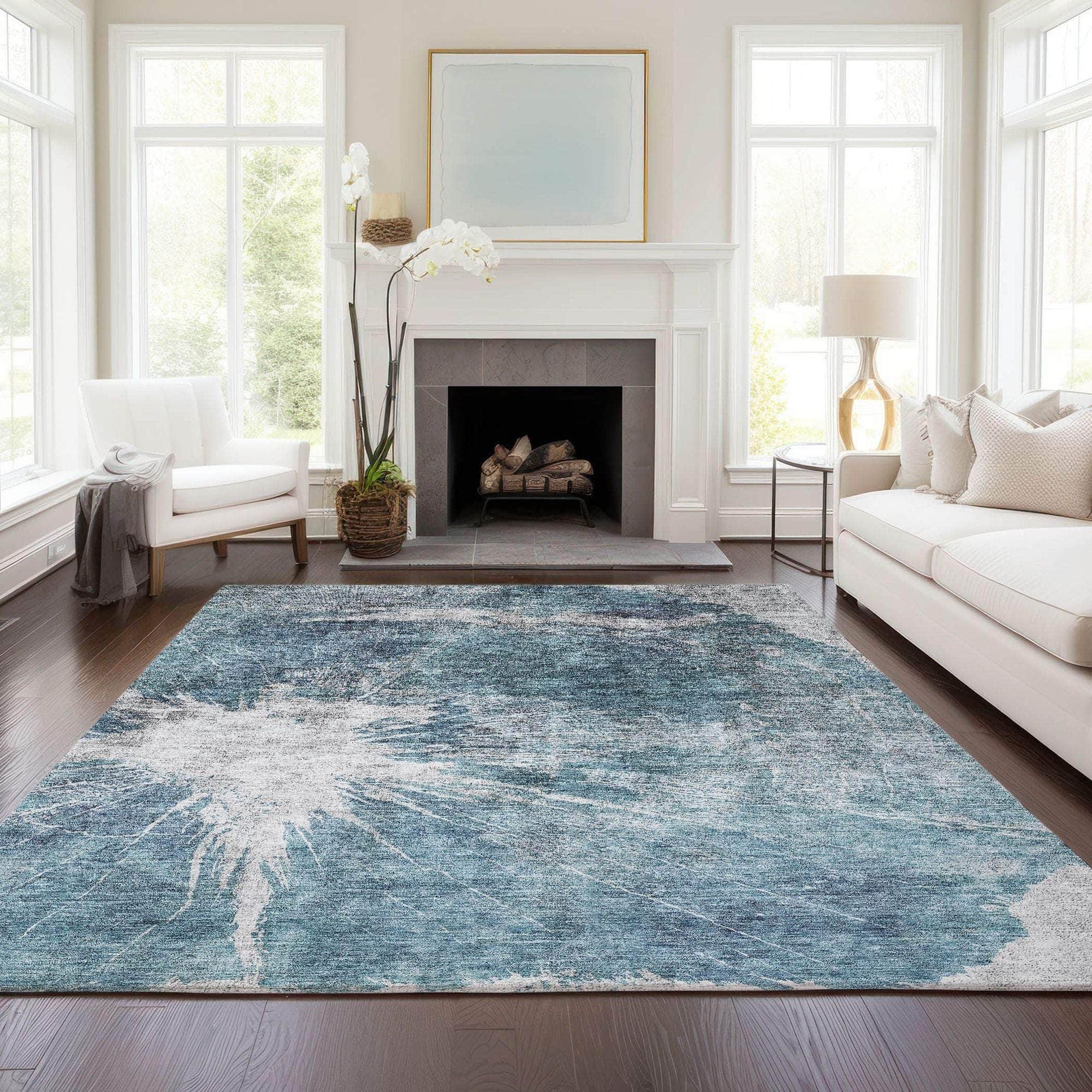 Machine Washable Teal Rug - Indoor / Outdoor - Kids / Pet Friendly Organic Print Rug