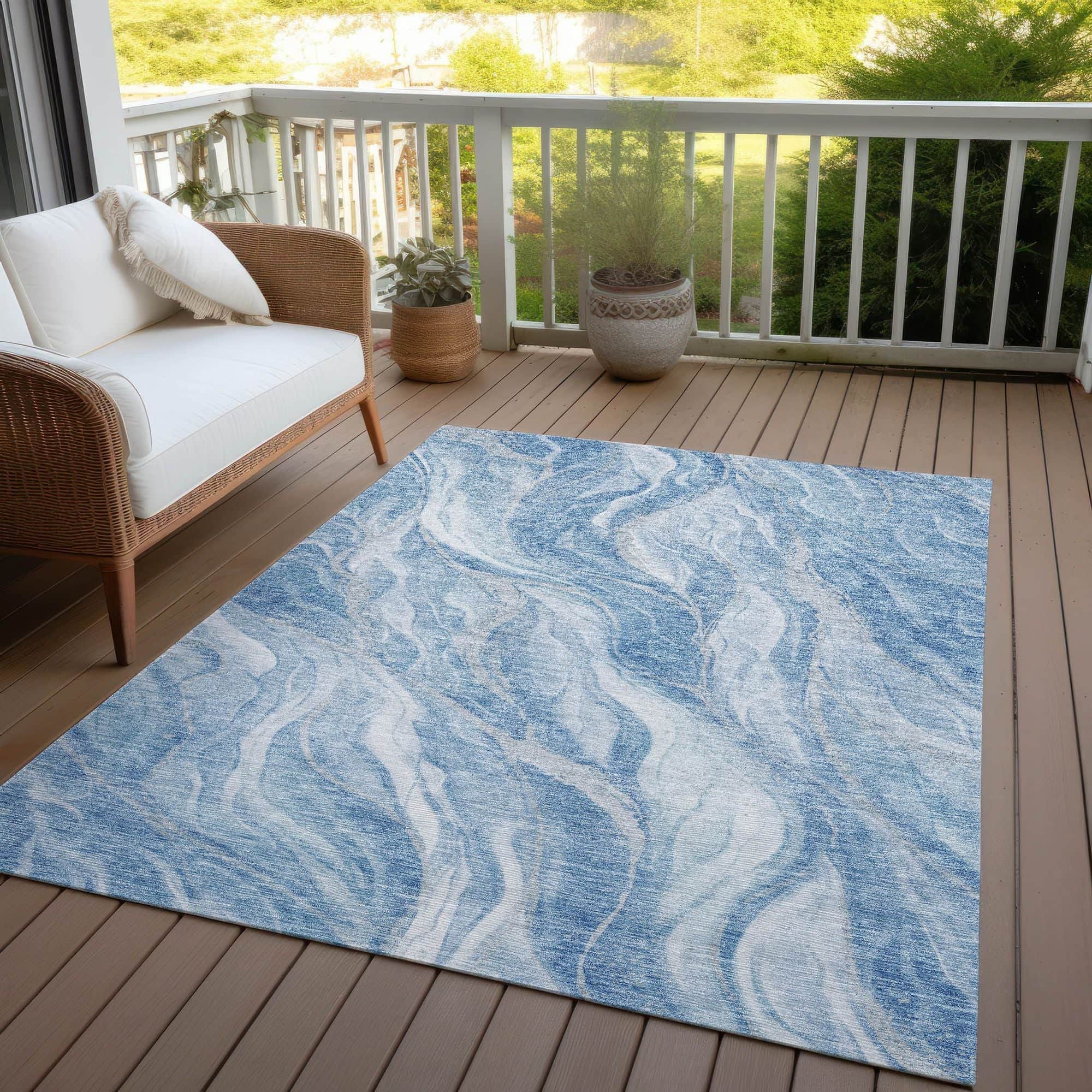 Machine Washable Blue Rug - Indoor / Outdoor - Kids / Pet Friendly Waves Print Rug